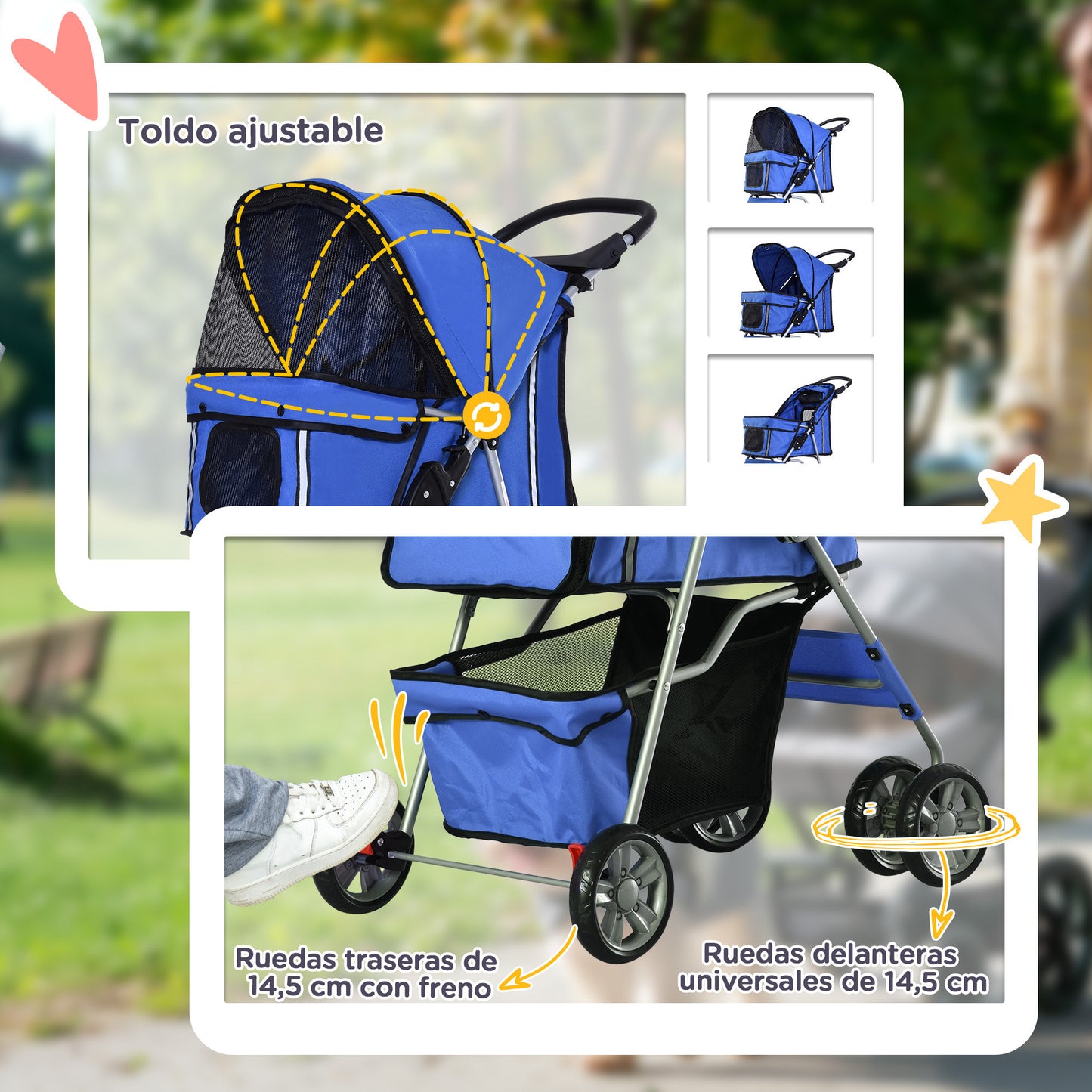 Pawhut Carrito Para Perros Plegable Con Toldo Ajustable 75x45x97 Cm Azul_5