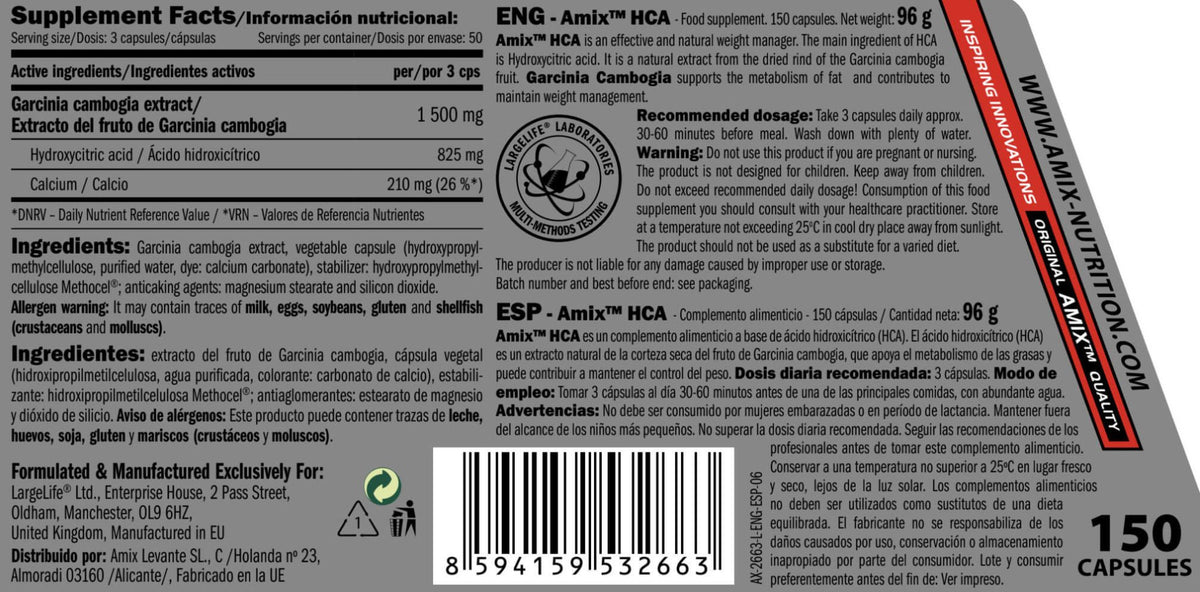 Hca 1500mg (garcinia Cambogia) - 150 Cápsulas - Inhibidores De Apetito - Amix Nutrition_5