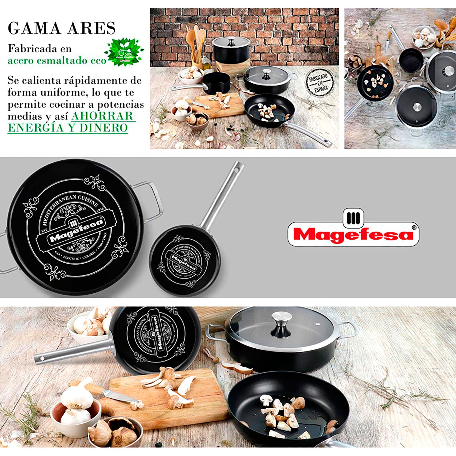Batería Cocina Inducción 6 Piezas, Antiadherente Libre Pfoa Exterior Negro Mate Retro Vintage Magefesa Ares, Negro
