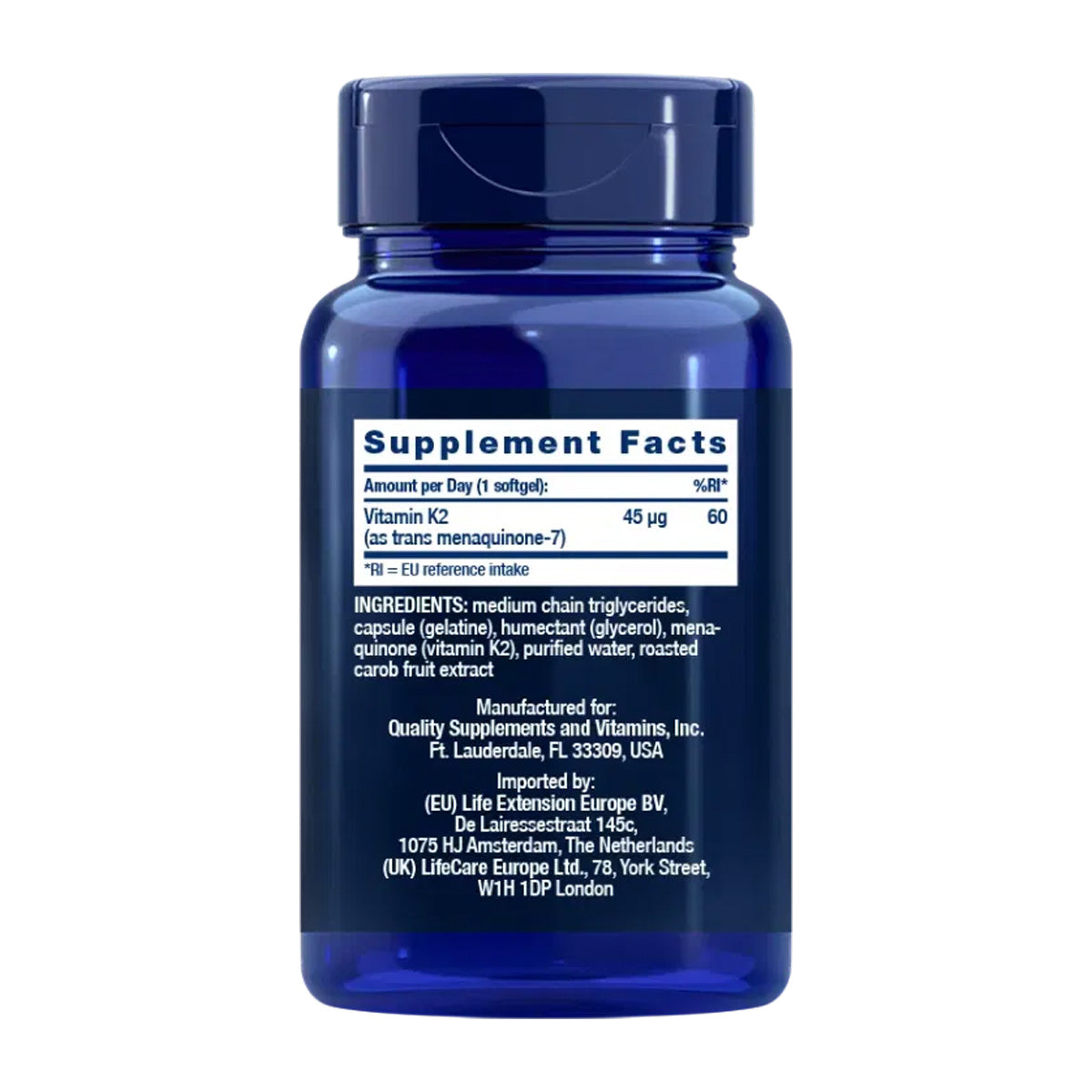 Low-Dose Vitamin K2 (MK-7) 45 mcg, Life Extension 90 perlas