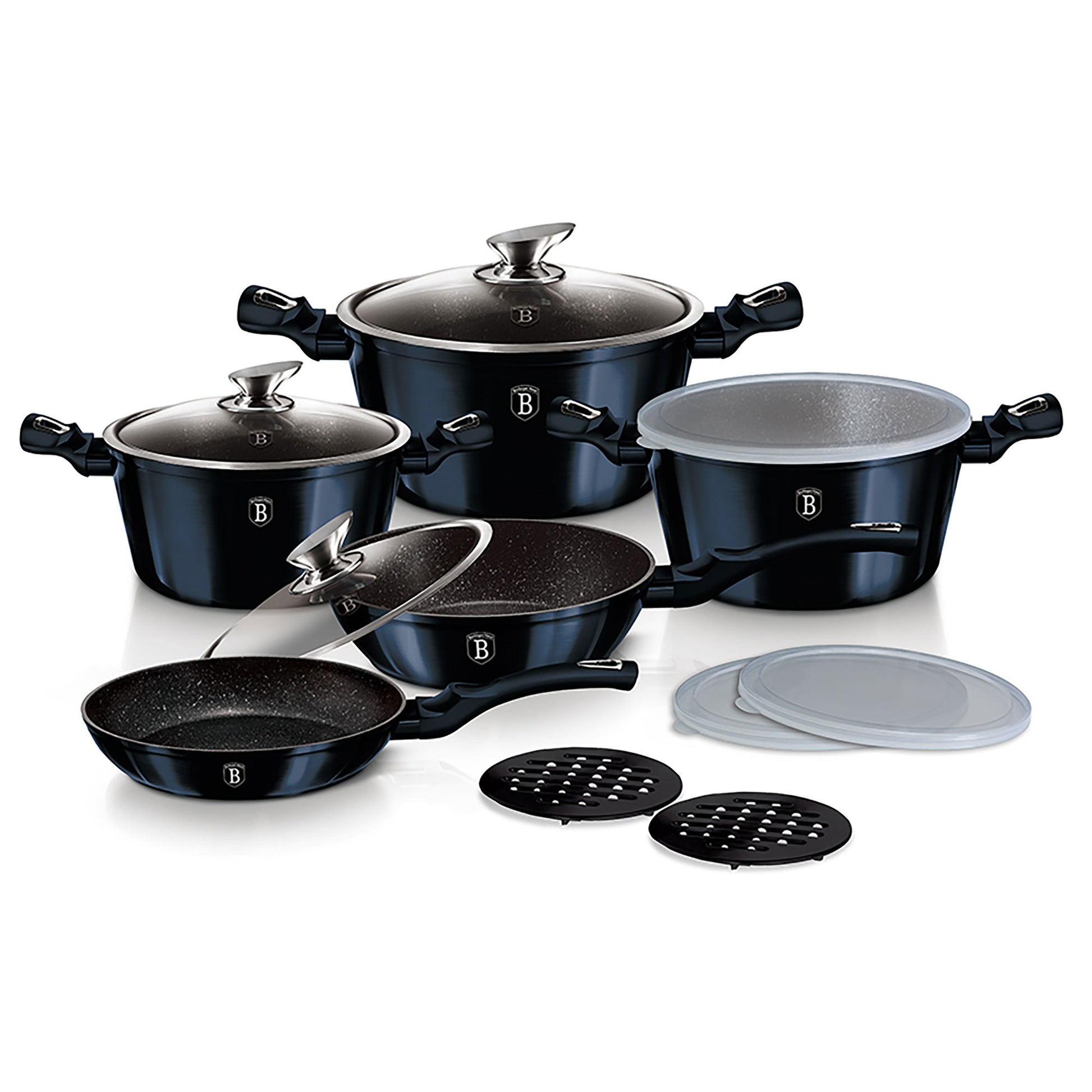Batería Cocina Inducción 13 Piezas, Antiadherente Sin Pfoa, Aluminio, Cazuelas Sartenes Tapas Berlinger Haus Aquamarine Azul Marino