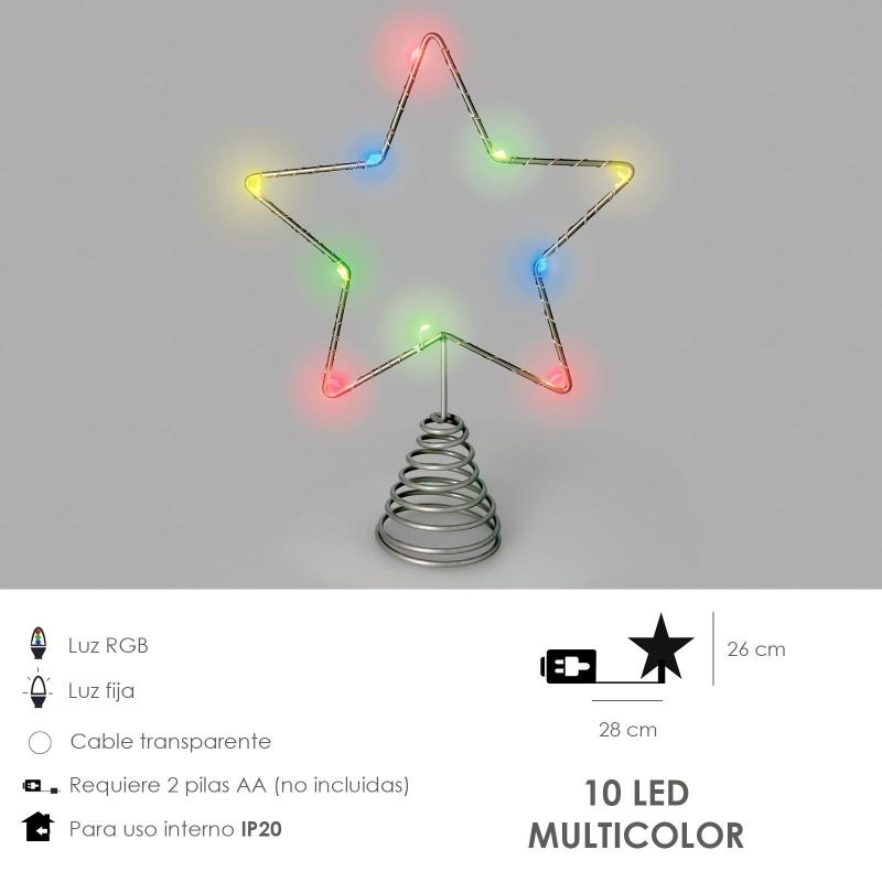 Guirnalda Adorno Luces Navidad Estrella Arbol Navidad Luz Multicolor. 10 Leds. Uso Interno Protección Ip20. 2 Baterias Aa
