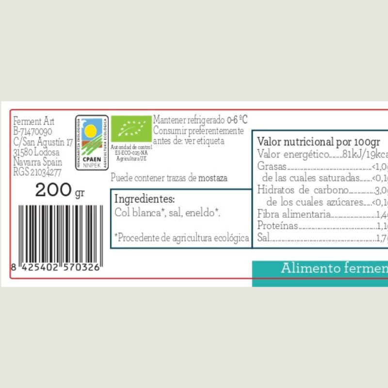 Chucrut De Eneldo Eco Sin Pasteurizar Ferment Art 200 Gr