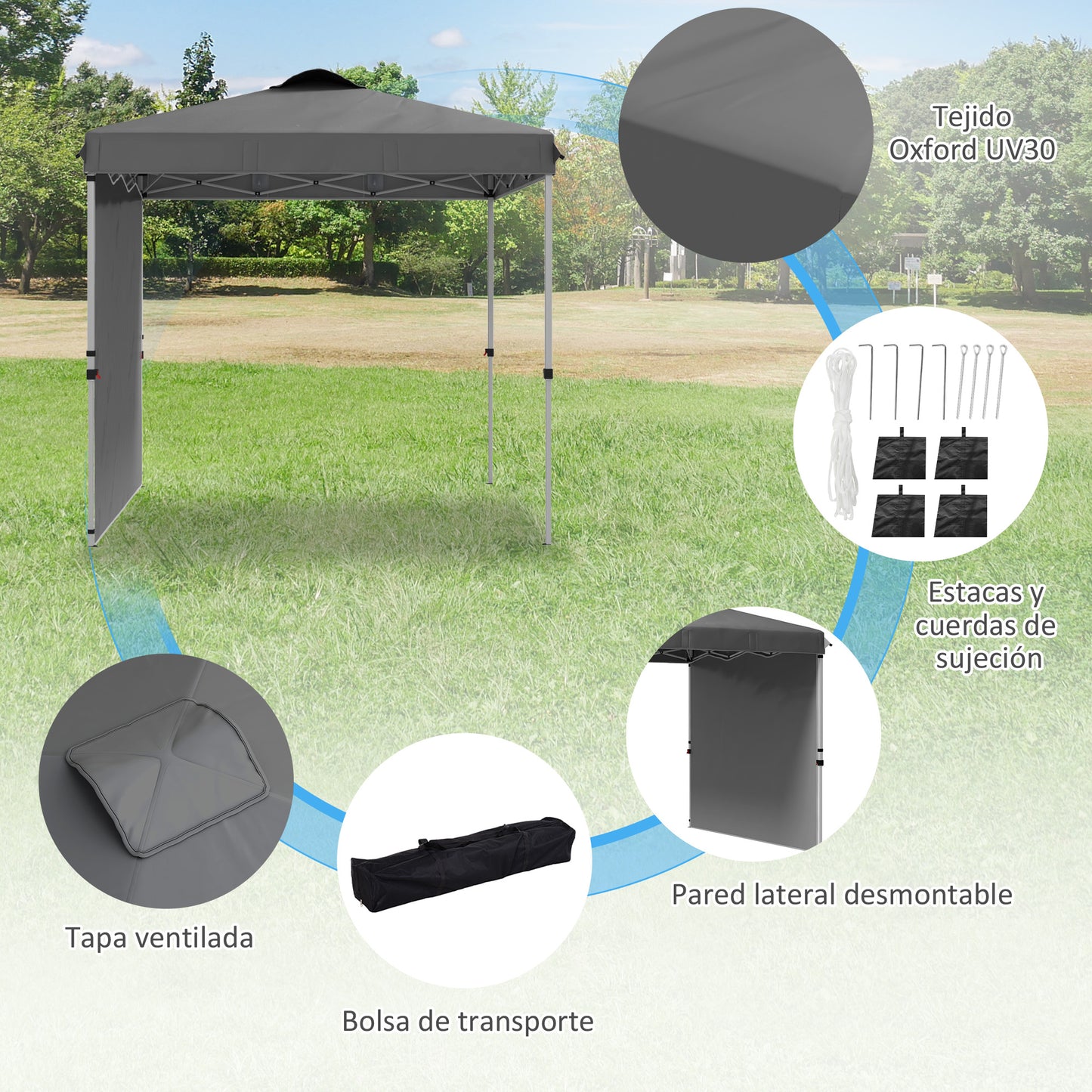 Outsunny Carpa Plegable 2,5x2,5 M Con 1 Pared Lateral Altura Ajustable Gris_5