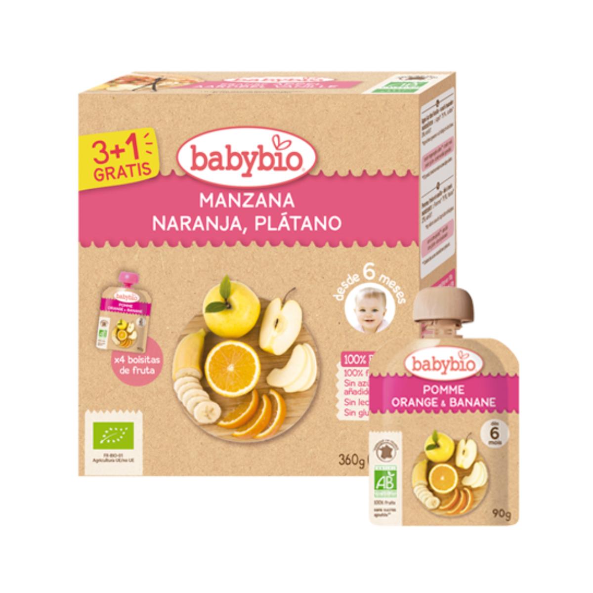 Pouch Manzana, Naranja y Plátano Bio, 4x90g. BabyBio