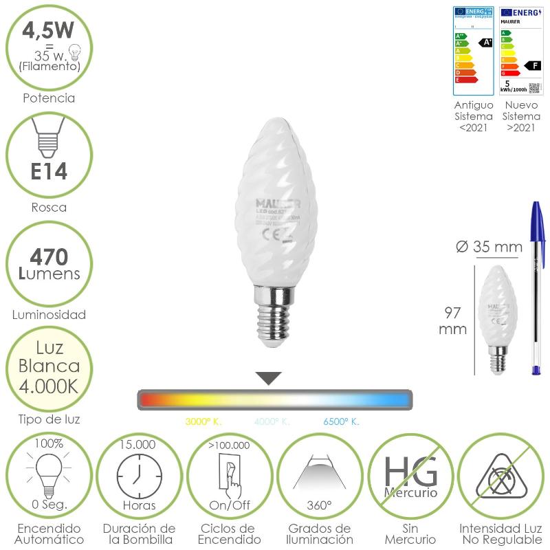 Bombilla Led Filamento Vela Esmerilada E14. 4,5 Watt. Equivale A 35 Watt. 470 Lumenes. Luz Neutra 4000º K._0