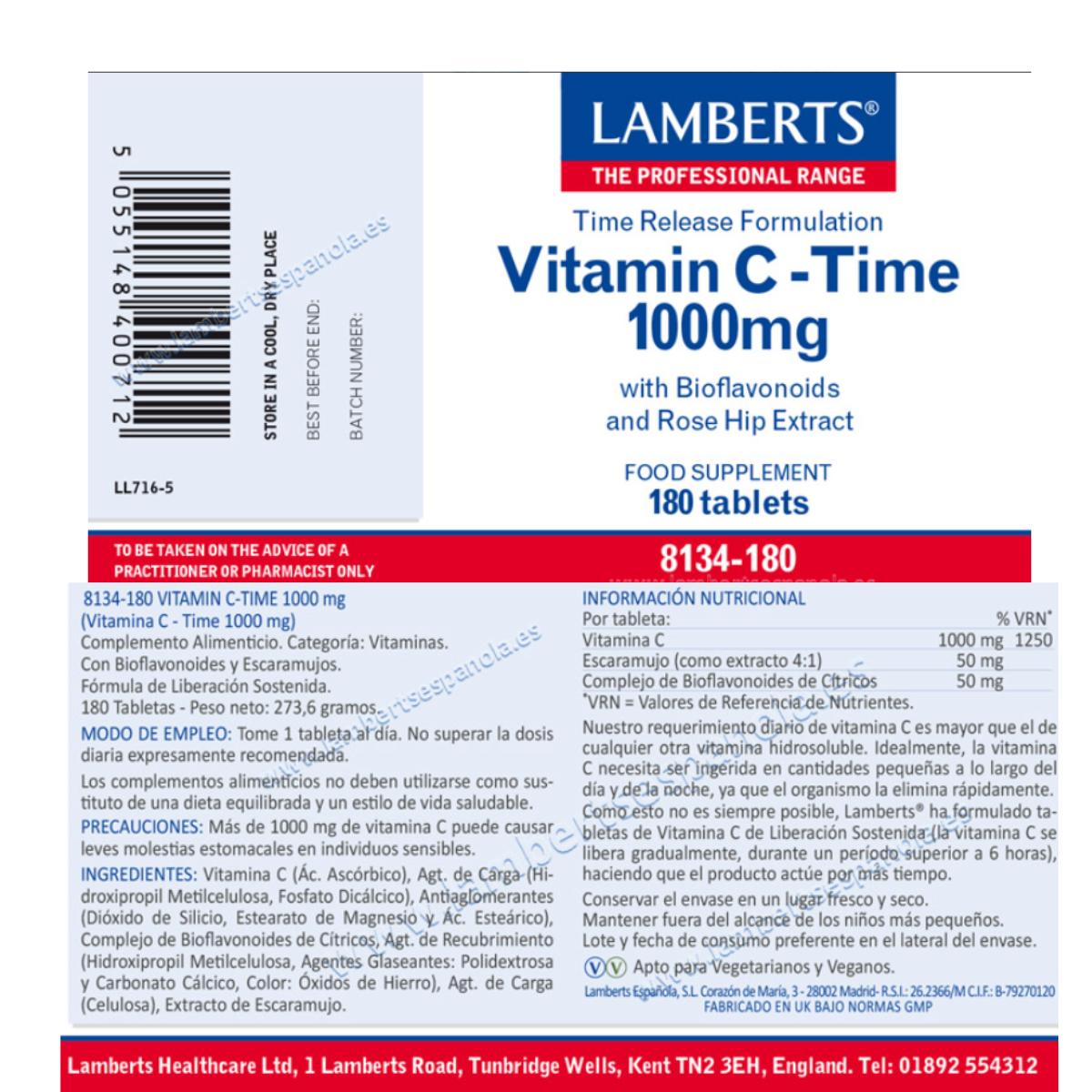 Pack 2 x Vitamina C 1000 mg liberación sostenida Lamberts 180 tabletas