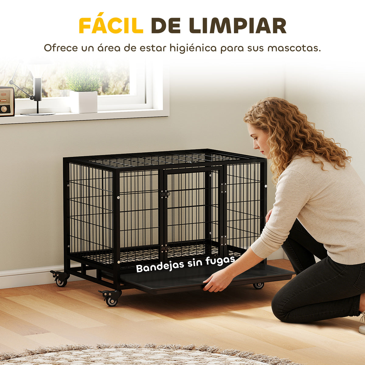 Pawhut Jaula De Metal Para Perros Con Ruedas Con Bandeja Extraíble 92x62x75cm_5
