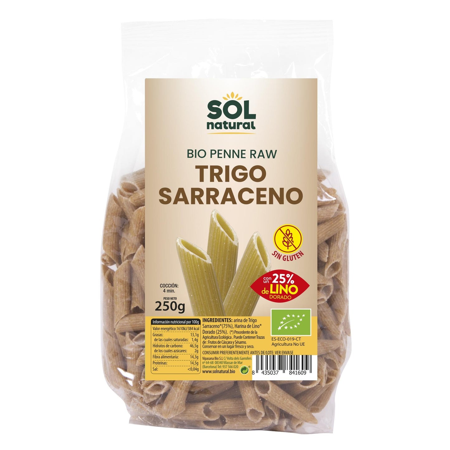 Macarrones de trigo sarraceno 25% lino BIO sin gluten Sol Natural 250 g