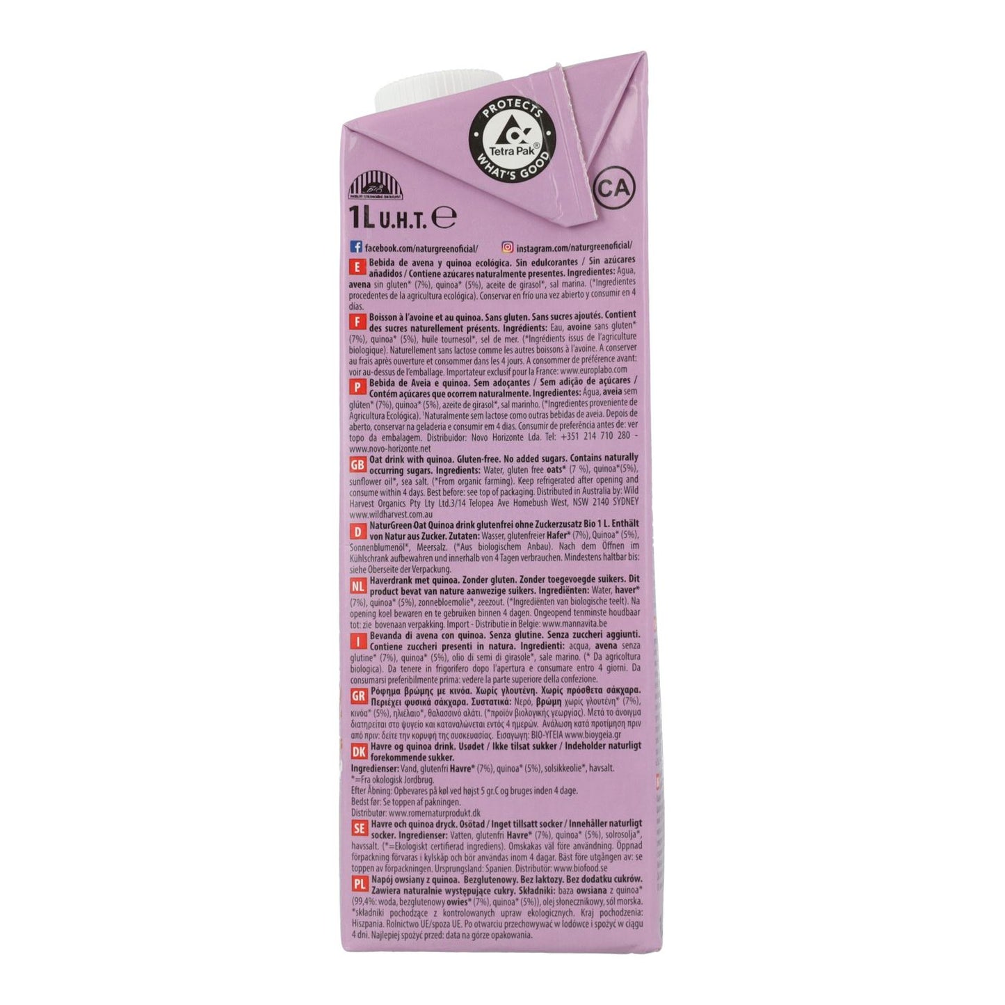 Bebida de Avena y Quinoa Bio Sin Gluten NaturGreen 1 L