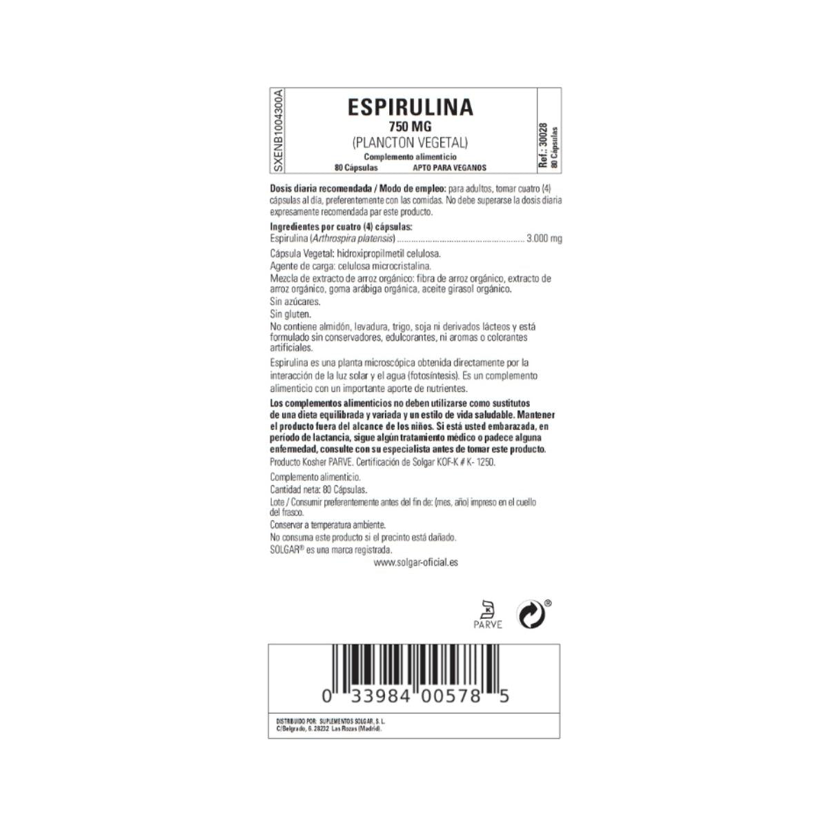 Espirulina 750 mg (Plancton), 80 cápsulas vegetales