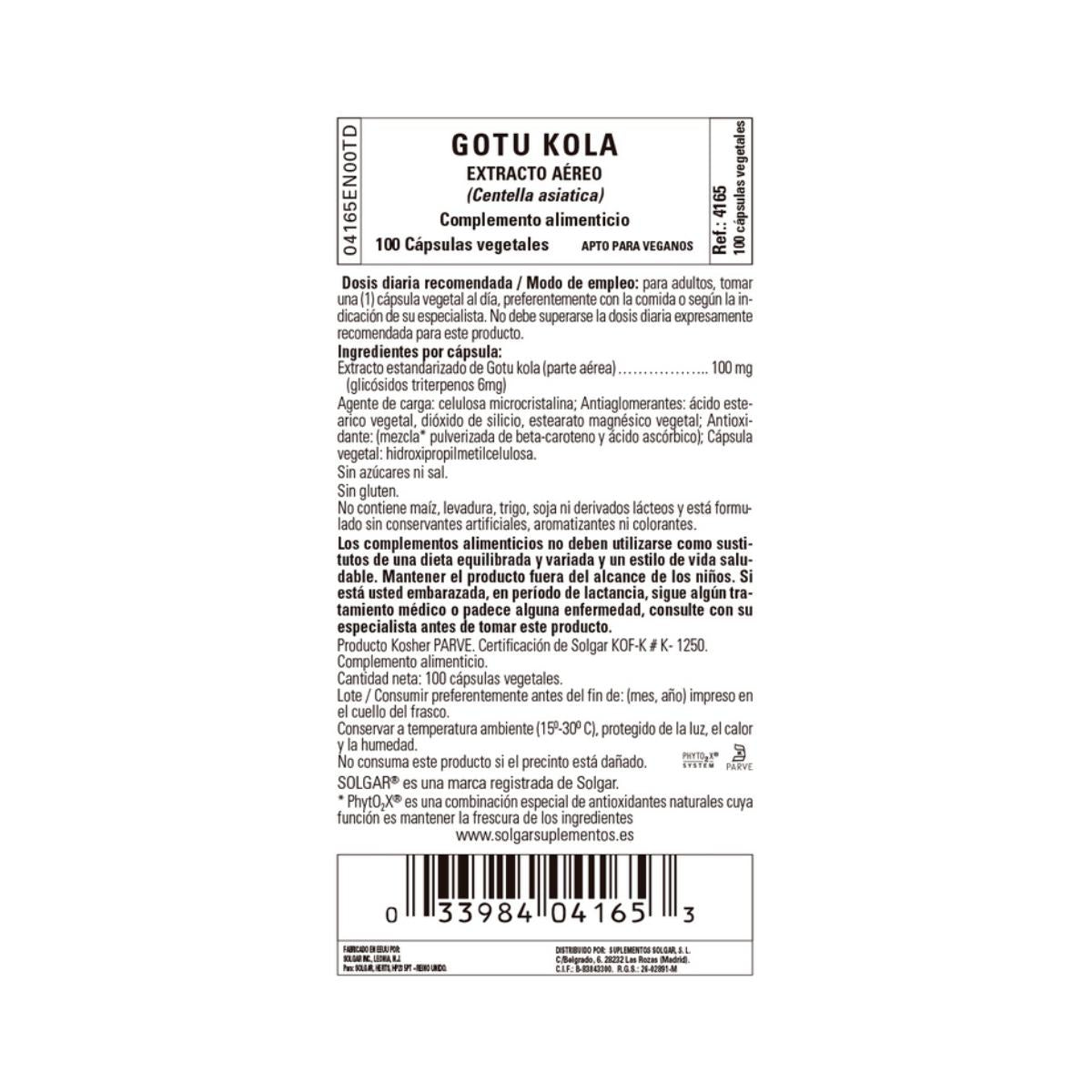 Gotu Kola (Centella Asiática), 100 cápsulas vegetales