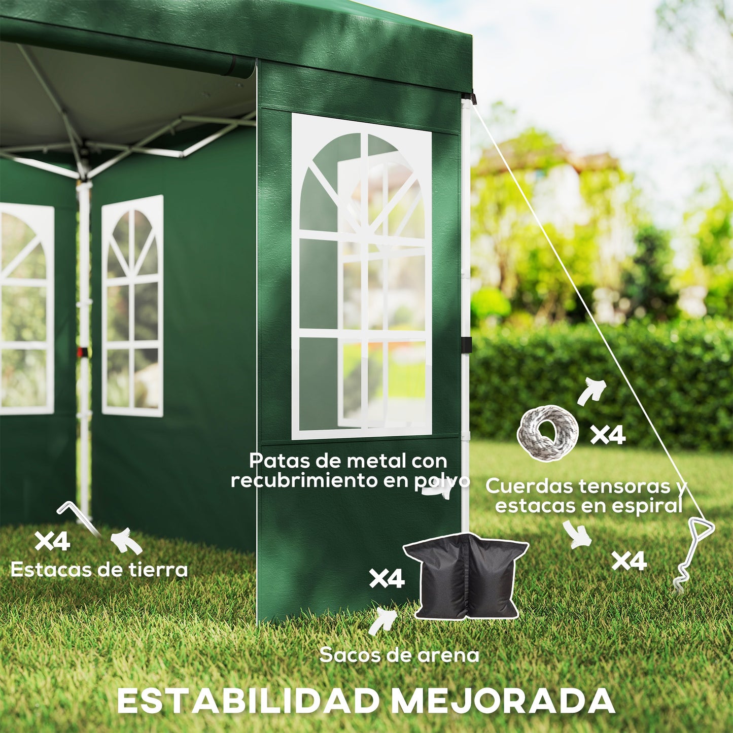 Outsunny Carpa Plegable 3x3m Pop-up Altura Ajustable Laterales Extraíbles Verde_5