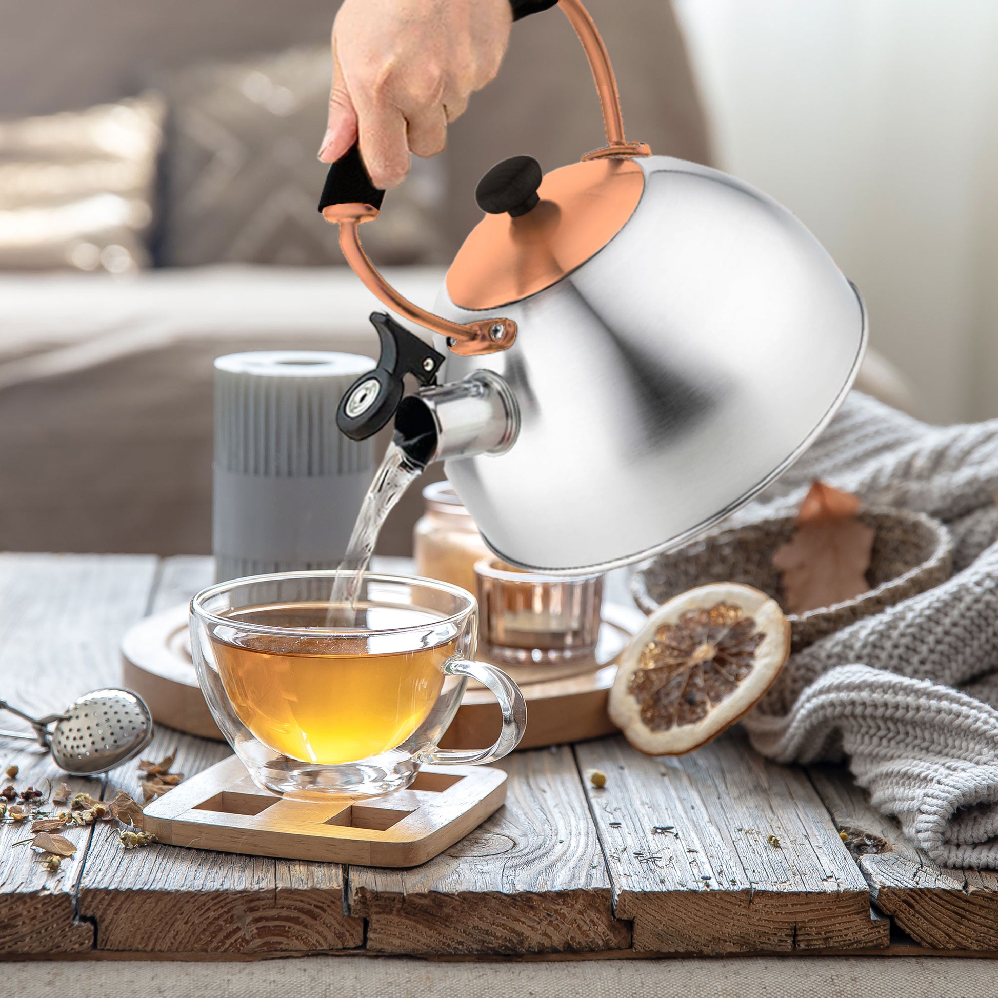 Tetera Con Silbato, Hervidor De Agua 2,5l, Inducción, Acero Inox, Vintage, Mango Cool Touch, Briebe, I-bronze, Acero Inoxidable