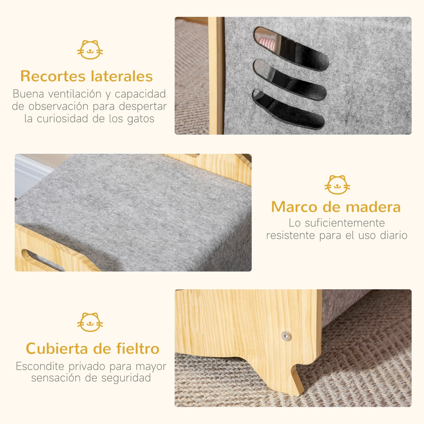 Pawhut Caseta De Gatos Madera Con Cojín Lavable Orificio Entrada 40x39x40cm_5