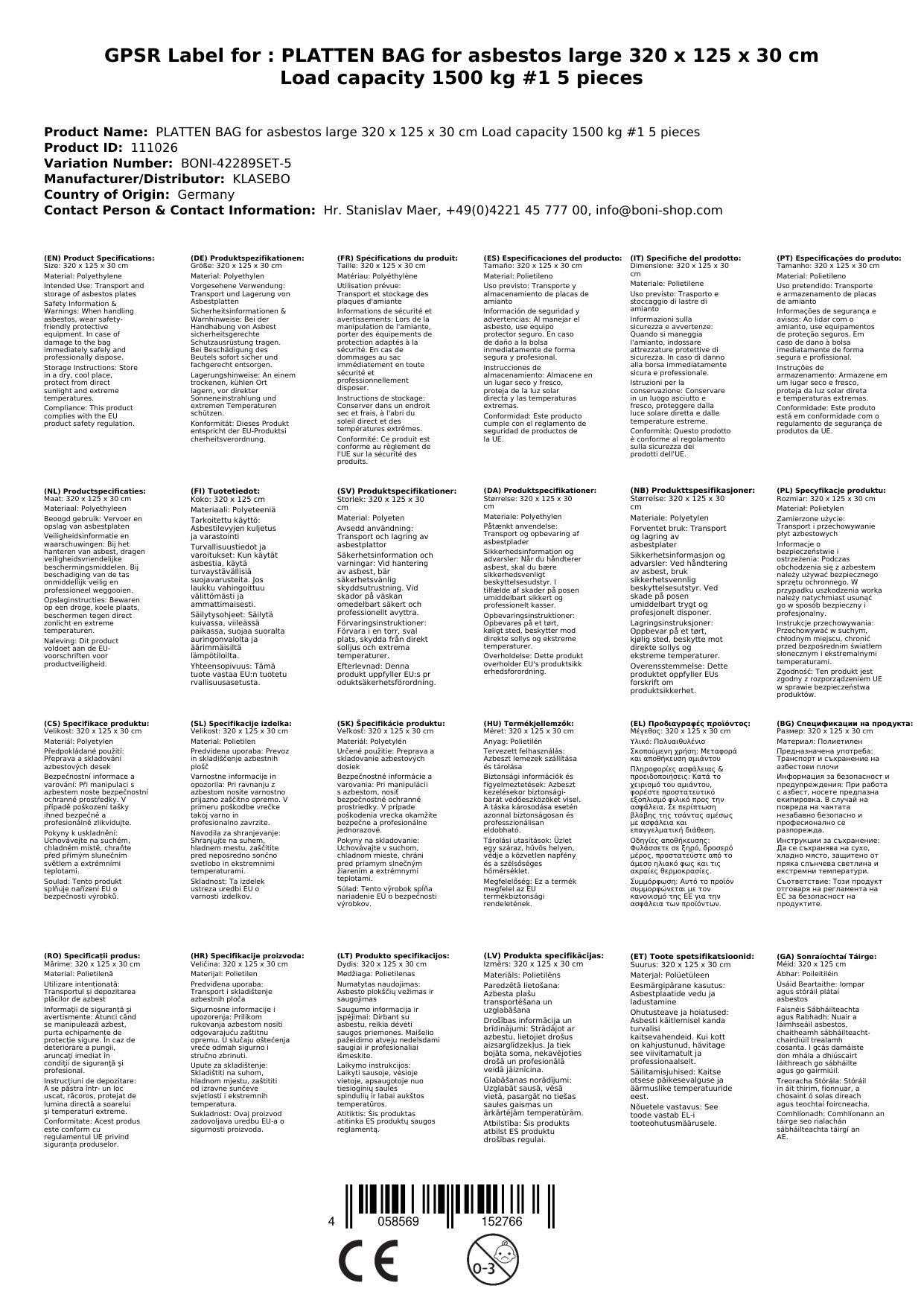 Platten Bag Für Asbest Groß 320 X 125 X 30 Cm Tragkraft 1500 Kg #1 5 Stück_1