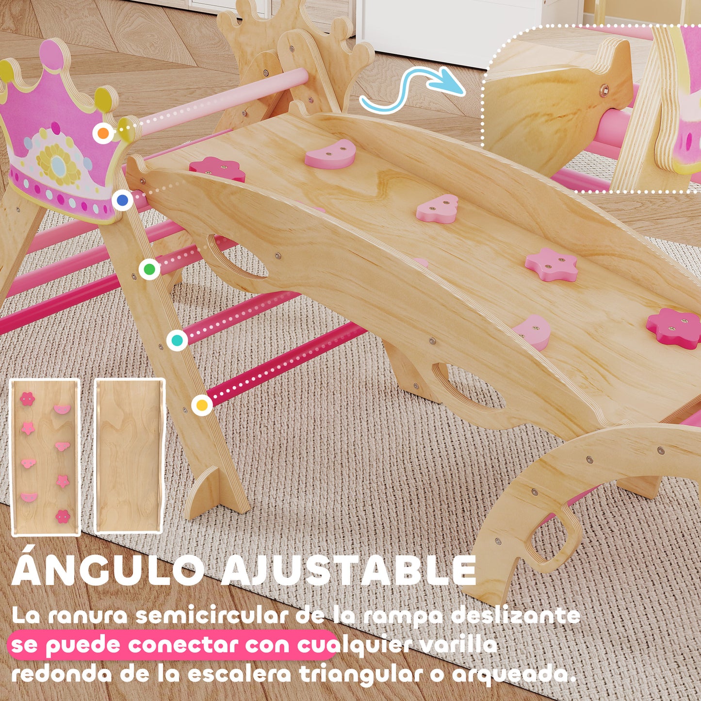 Aiyaplay 8 En 1 Triángulo De Escalada De Madera Montessori Con Arco Y Rampa Rosa_5