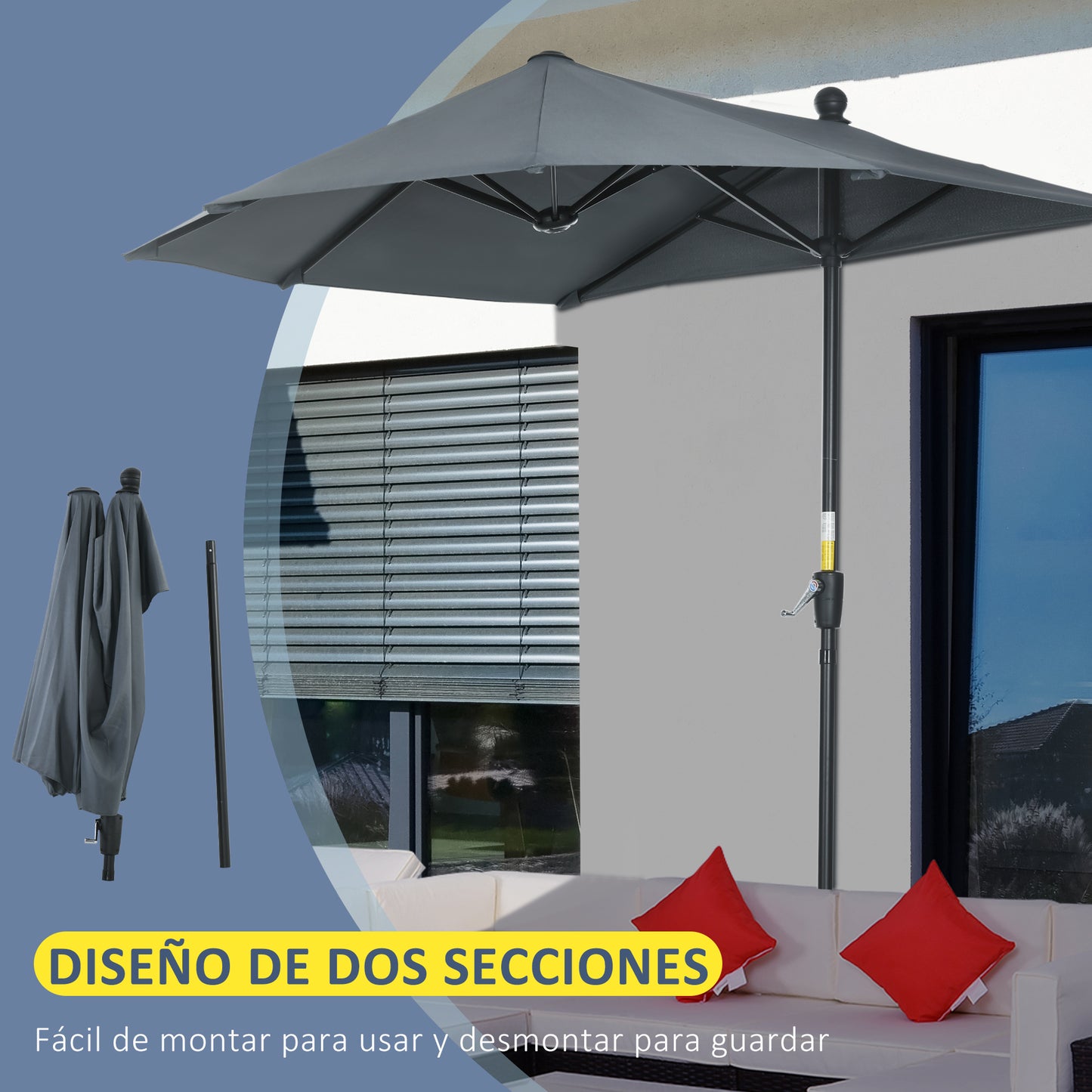 Outsunny Sombrilla De Pared Jardín 200x190x240cm Con Manivela Para Terraza Gris_5