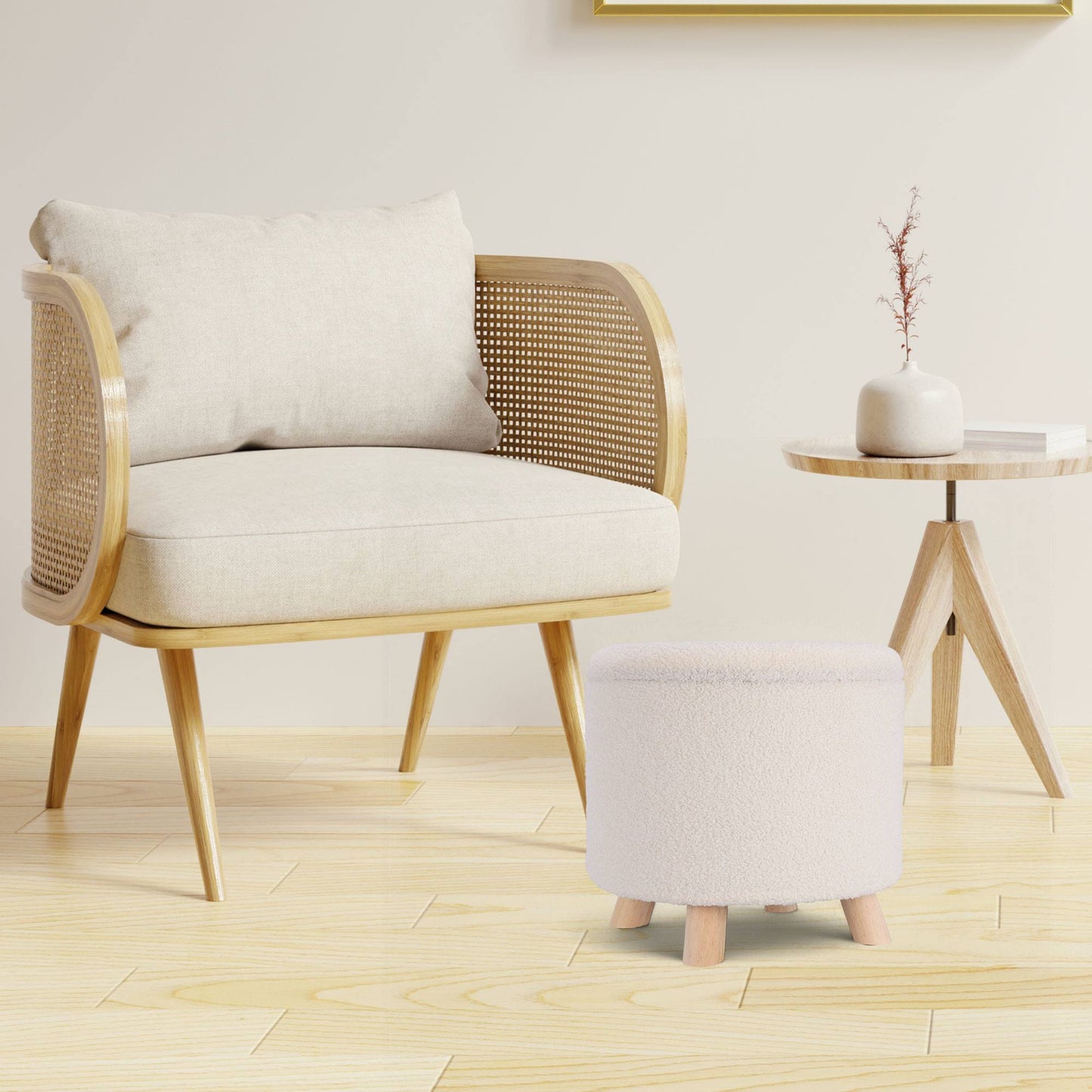 Well Home Taburete De Almacenamiento 100% Poliéster Ø40x37cm En Color Blanco Y Patas De Madera_2
