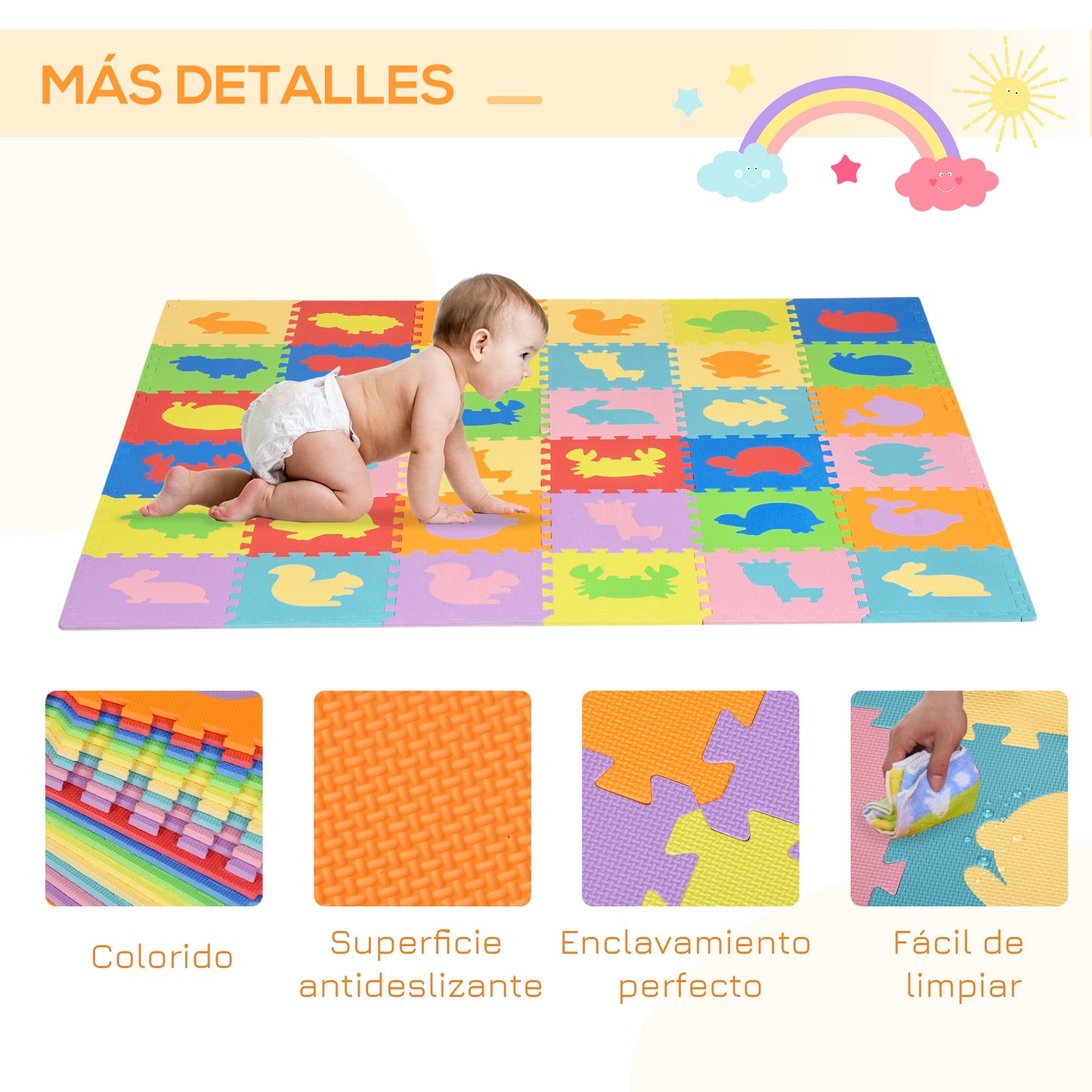 Homcom Alfombra Puzzle Para Bebés 36 Piezas 31,5x31,5 Cm Modelo De Animales_5
