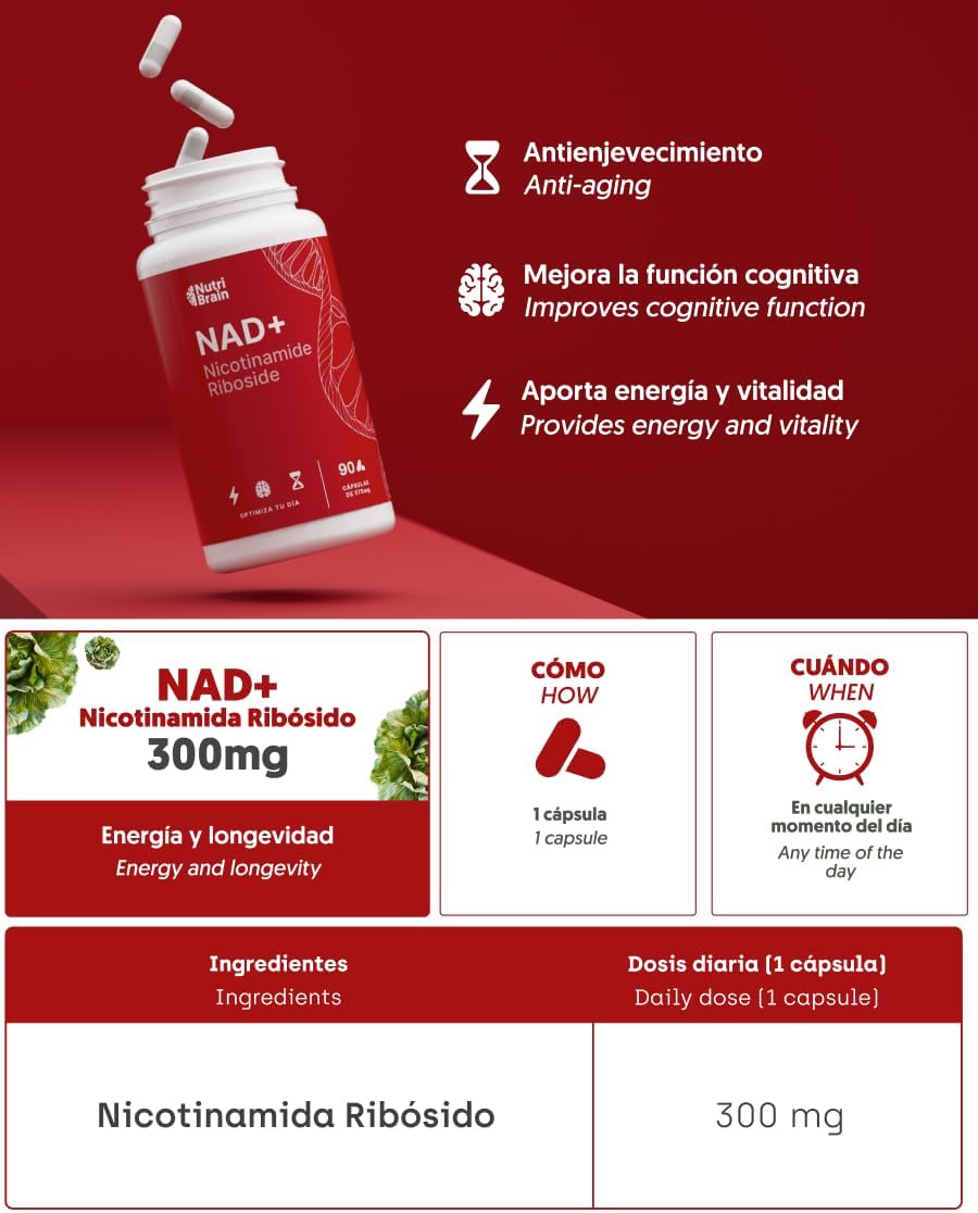 Nad+ Nicotinamida Ribósido 300mg Puro 100% Nutribrain 90 Cápsulas_5