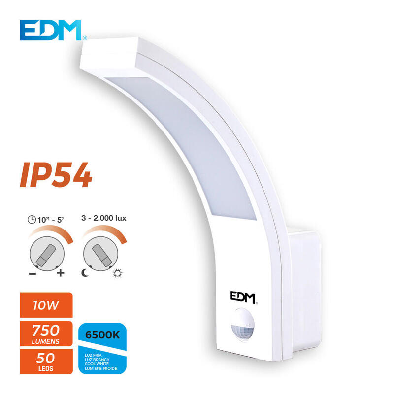Aplique Exterior Led 10w 750lm 6400k Ip54 6,6x18,8x25cm Con Sensor De Movimiento Edm_0