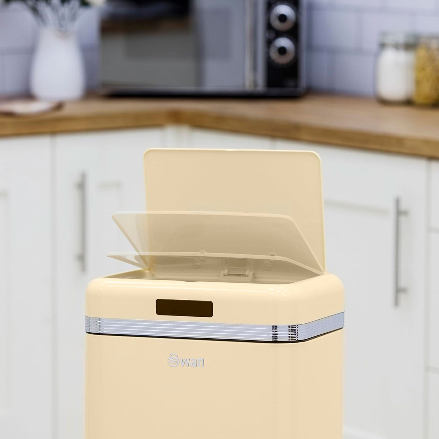 Cubo De Basura Cocina Automático, Sensor De Movimiento, 45l, Metálico, Papelera Reciclaje, Swan, Swka4500cneu, Crema