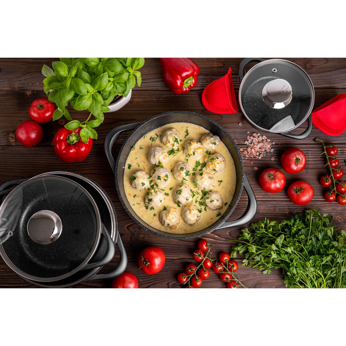 Batería De Cocina Inducción 8 Piezas Aluminio Fundido 4 Ollas Con Tapa De Cristal Antiadherente Briebe Mgk-17, Negro