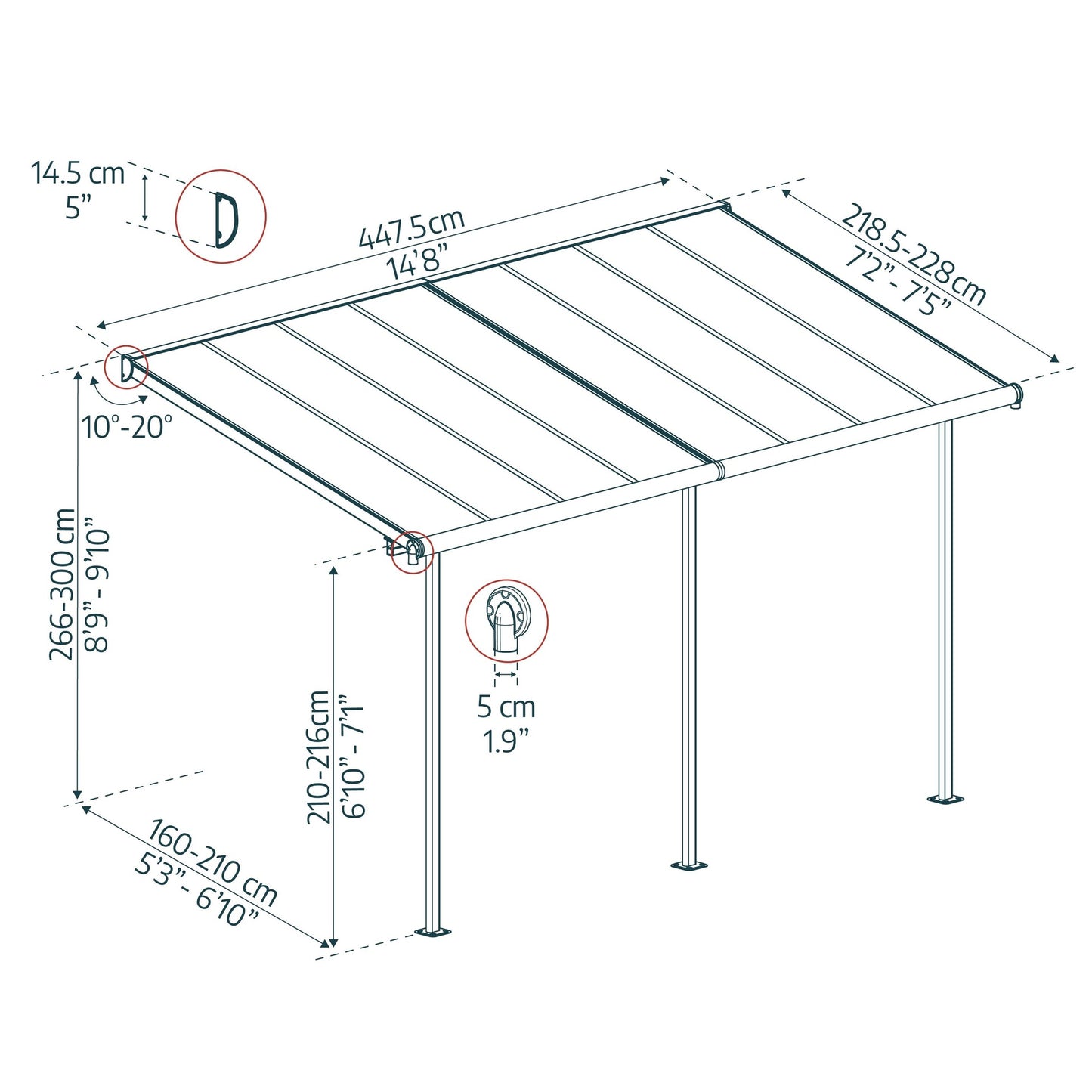 Pérgola adosada Sierra 224x447 cm gris