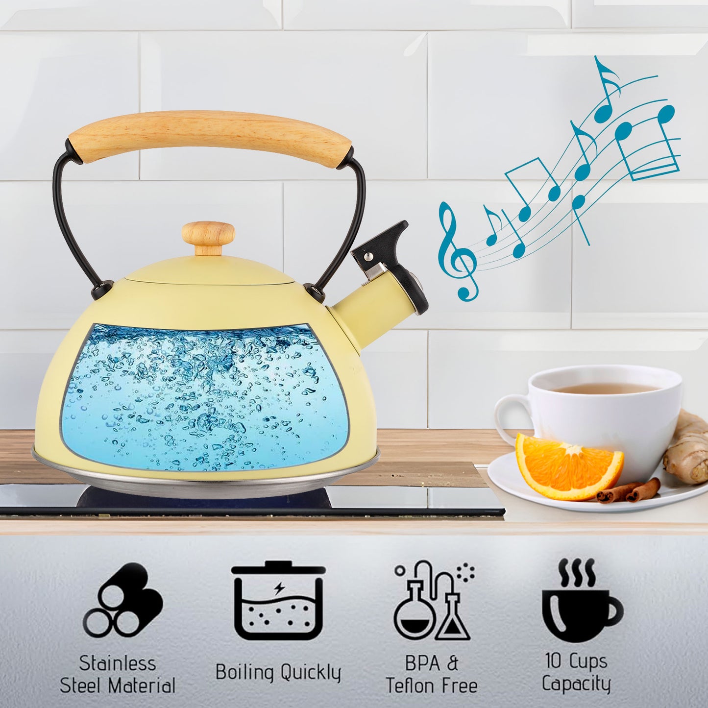 Tetera Con Silbato, Hervidor De Agua 2,5l, Inducción, Acero Inox, Vintage, Mango Madera, Briebe, Pastel, Amarillo
