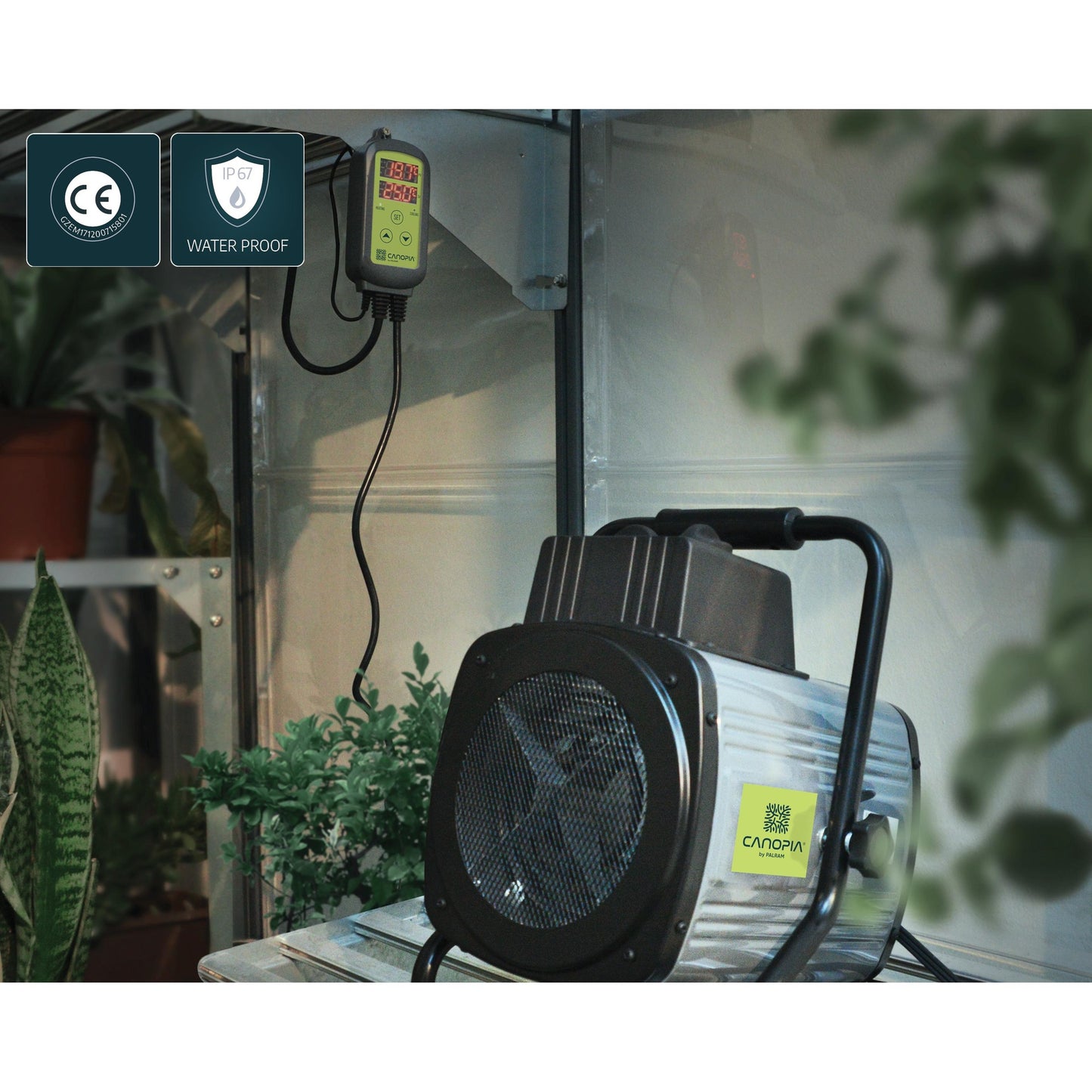 Calentador portatil para invernaderos resistente a salpicaduras con termostato 2400W