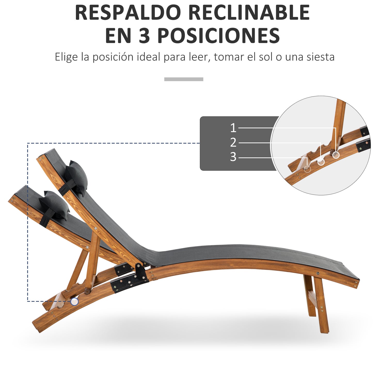 Outsunny Tumbona De Jardín Respaldo Ajustable Reposacabeza Extraíble 182x64x71cm_5
