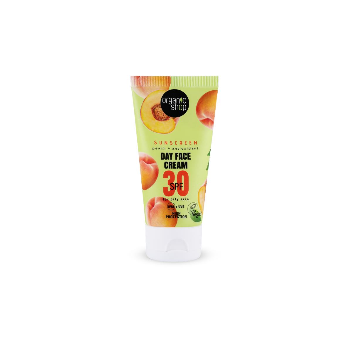Crema de día facial con protección solar melocotón + antioxidantes SPF 30, 50 ml