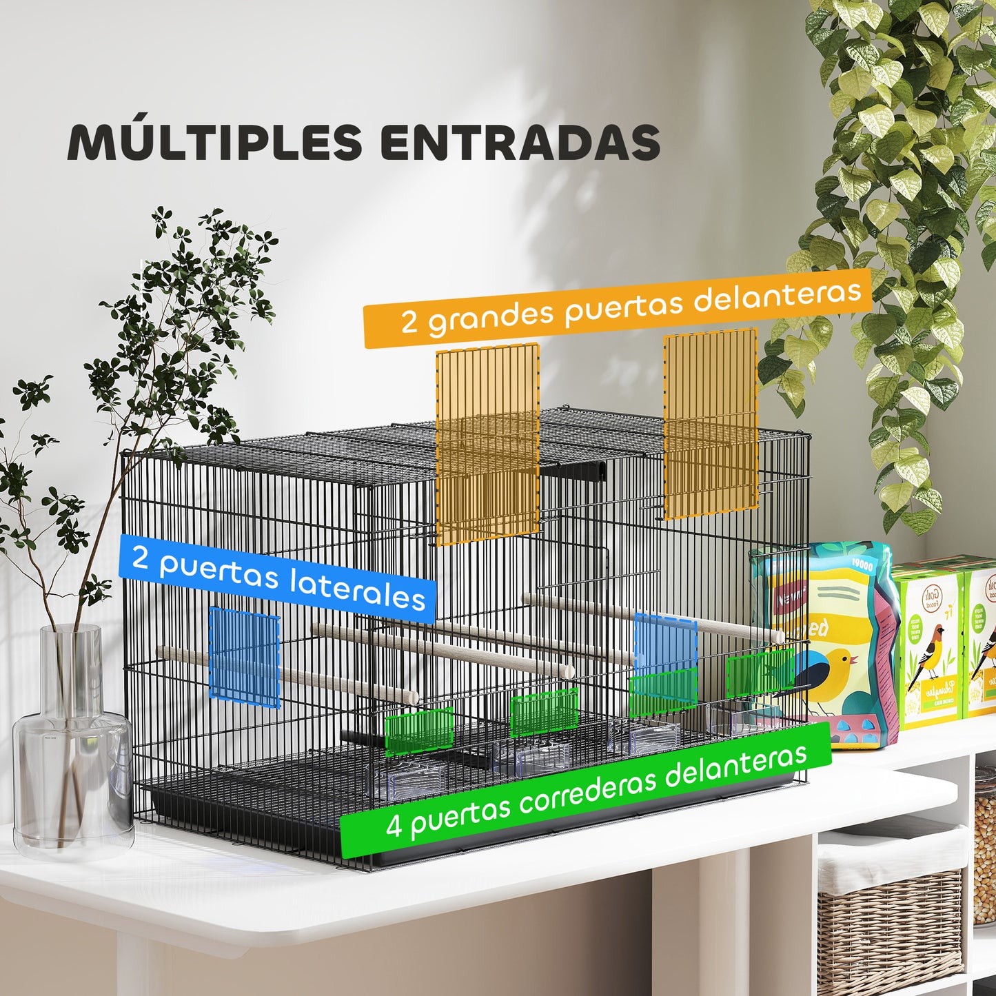 Pawhut Jaula Para Pájaros Con Divisor 4 Comederos 4 Perchas 94x57x57 Cm Negro_5