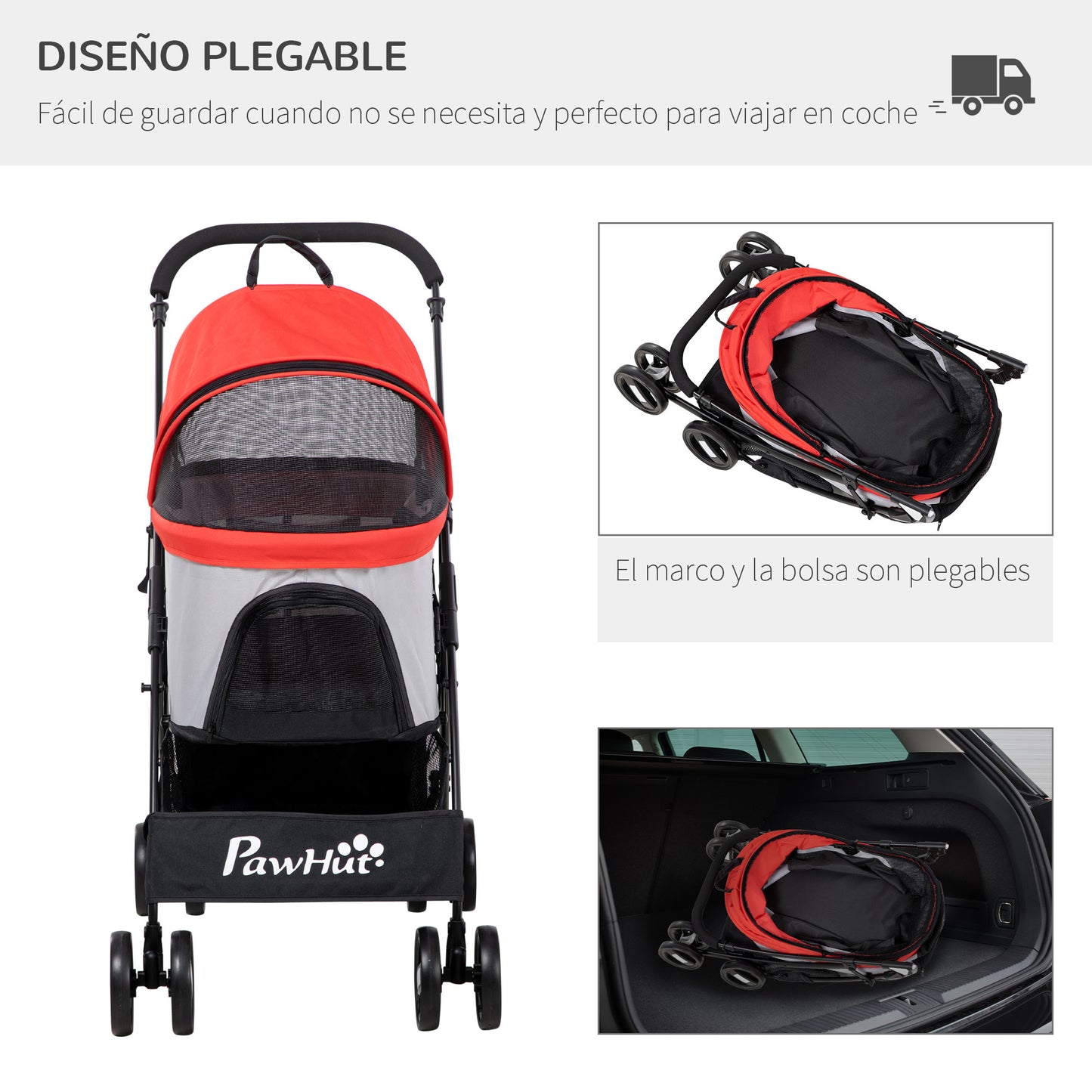 Pawhut Carrito Para Perros Plegable 3 En 1 Con Vagón Desmontable Rojo_5