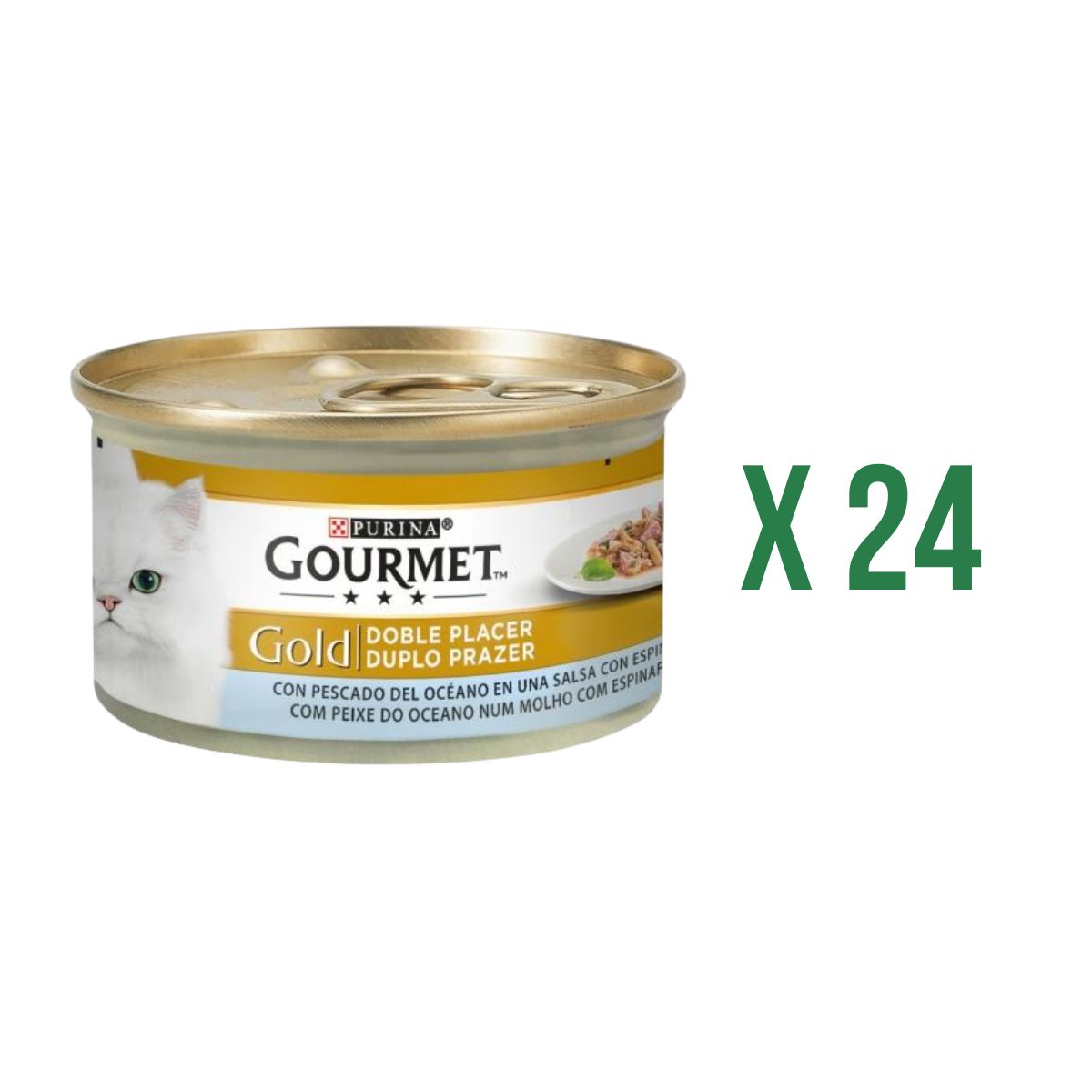 Pack 24 x GOURMET GOLD Doble Placer Pescado del Oceano & Espinacas Comida húmeda 85 g