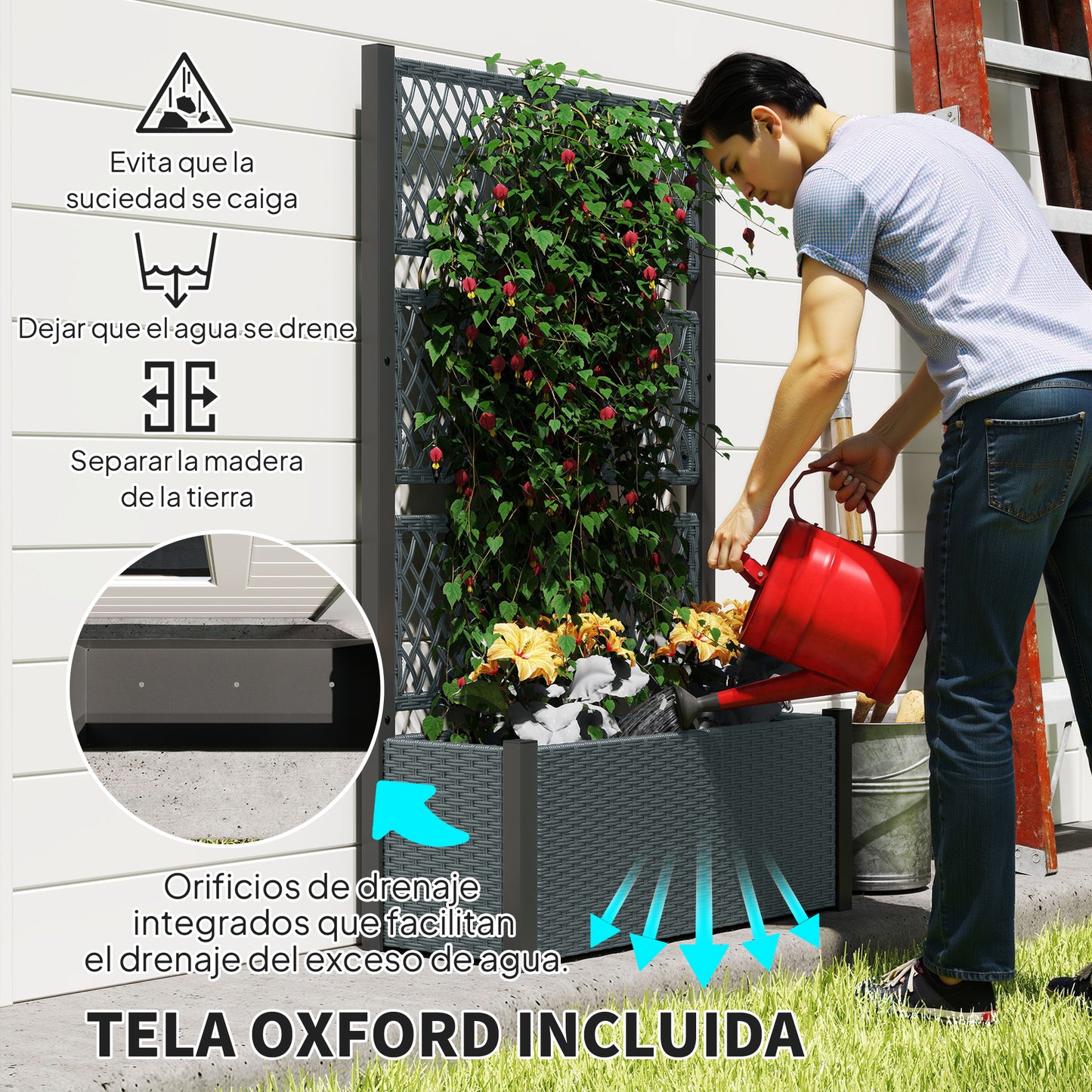 Outsunny Jardinera Con Enrejado De Ratán Para Plantas Trepadoras Gris Oscuro_5