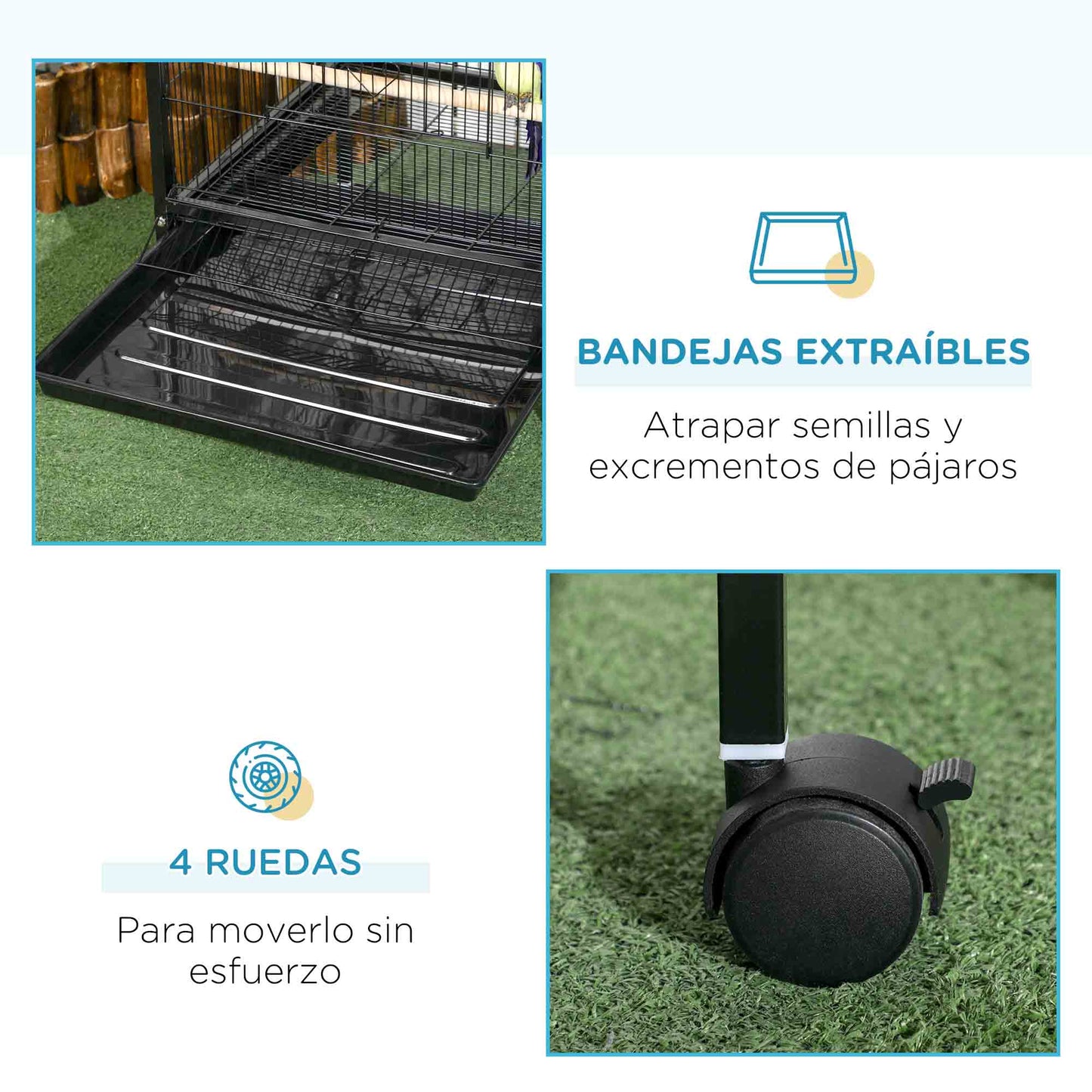 Pawhut Jaula Para Pájaros De 2 Niveles Con Ruedas Bandejas Extraíbles Negro_5