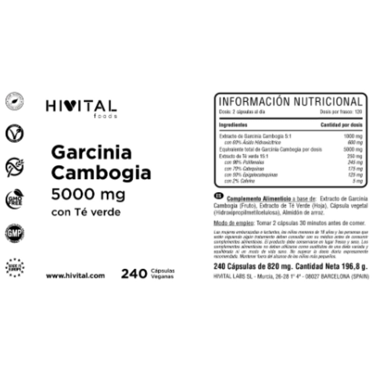 Garcinia cambogia 5000 mg 240 cápsulas veganas Hivital