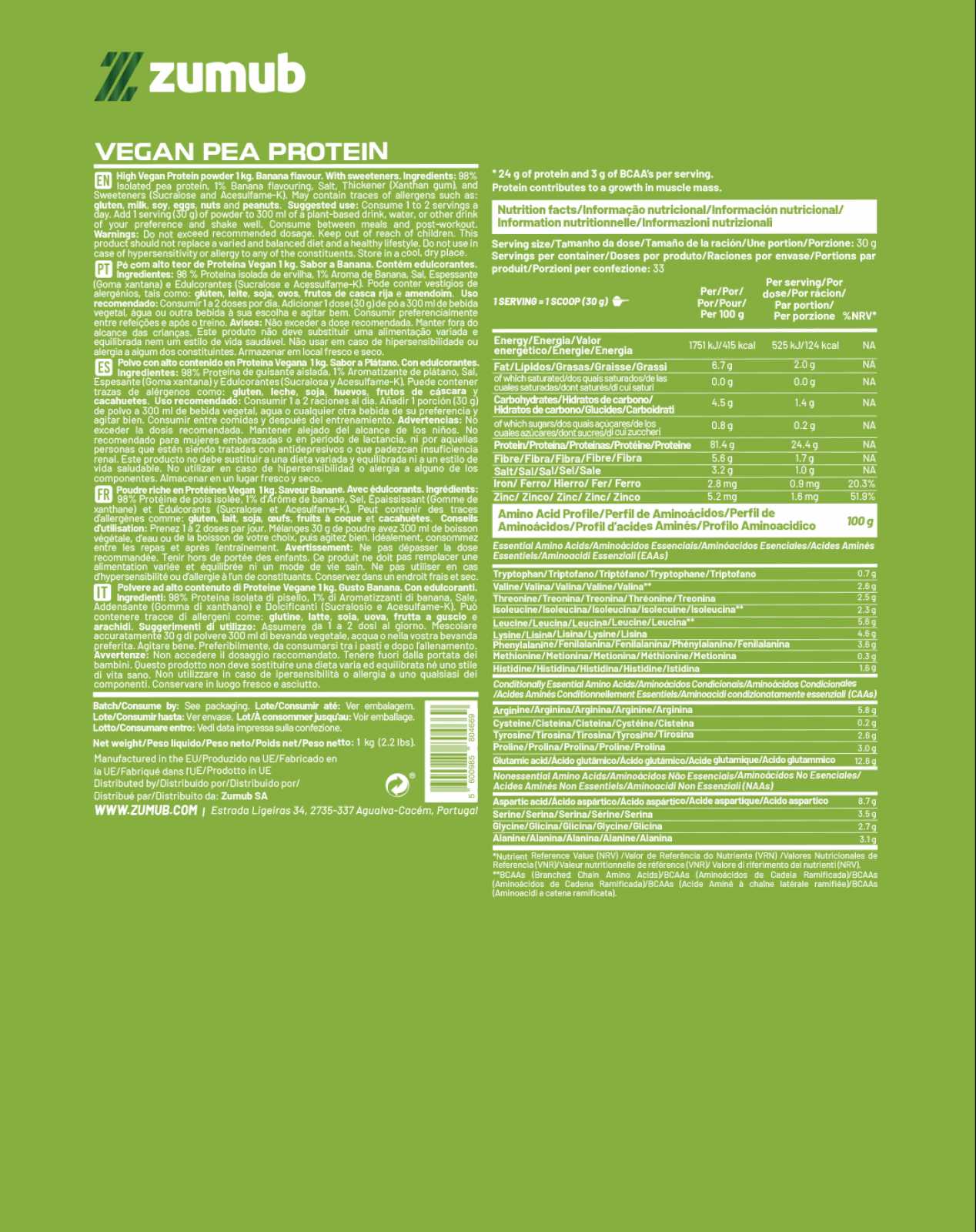 Zumub Vegan Protein (pea Protein) 1 Kg - Plátano