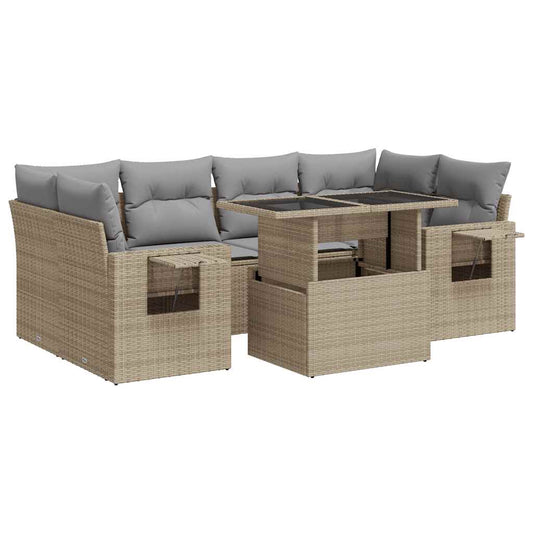 Set Sofás De Jardín 7 Piezas Y Cojines Ratán Sintético Beige / Vetonek_0