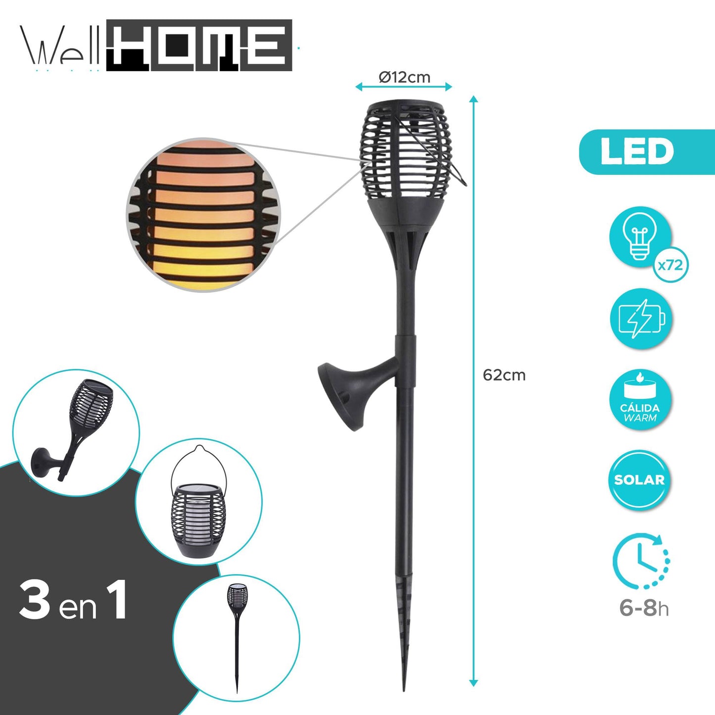 Well Home - Lámpara Solar De Jardín 'flame' Multifuncional Luces Led H.62cm_1