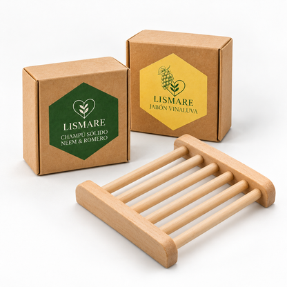 Jabonera madera de regalo + pack champú sólido neem &amp; romero + jabón sólido uva - grasa, picores y caspa - Lismare_0