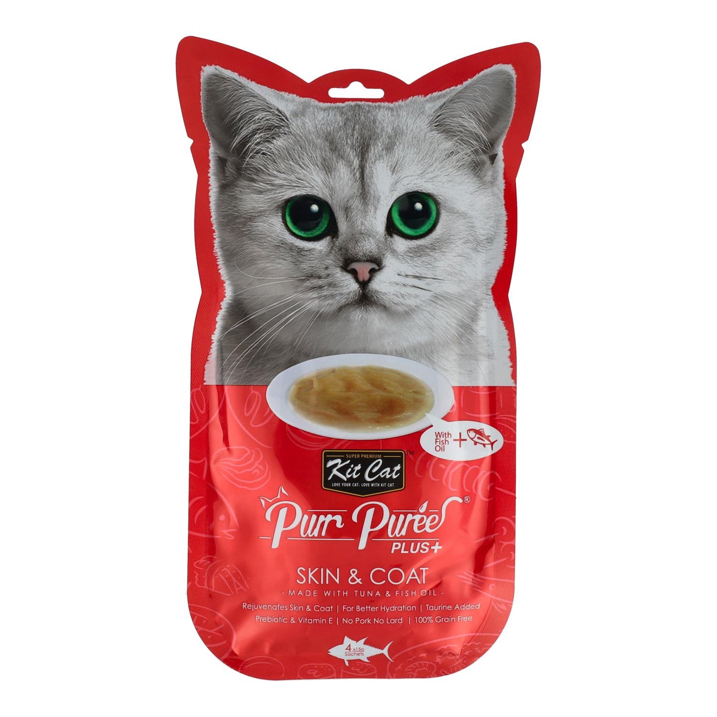 Kit Cat PurrPuree Plus - Atún Skin & Coat Kit Cat 4x15 g Snack cremoso para gatos