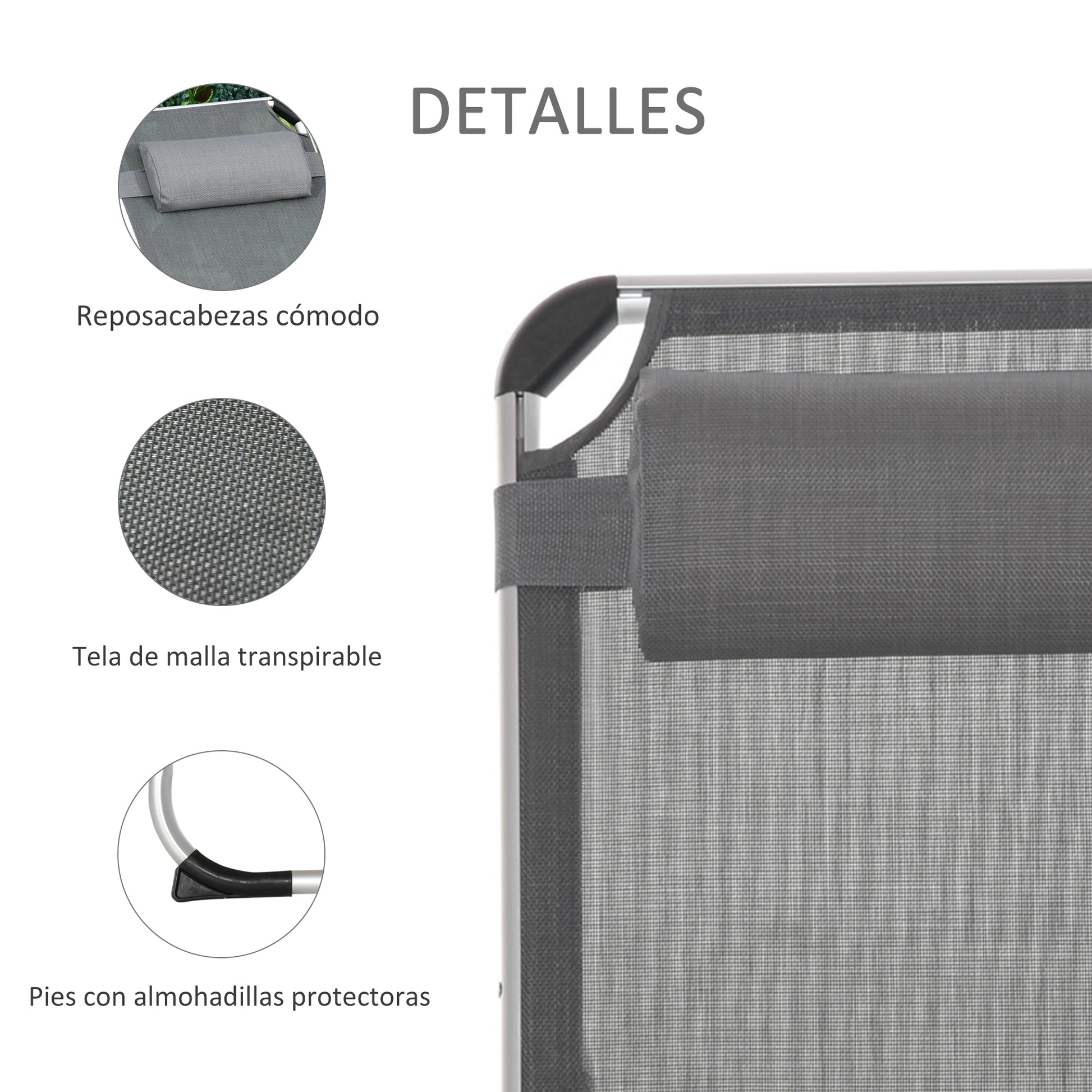 Outsunny Tumbona Plegable Con Reposacabezas Respaldo Ajustable 165x60x76cm Gris_5