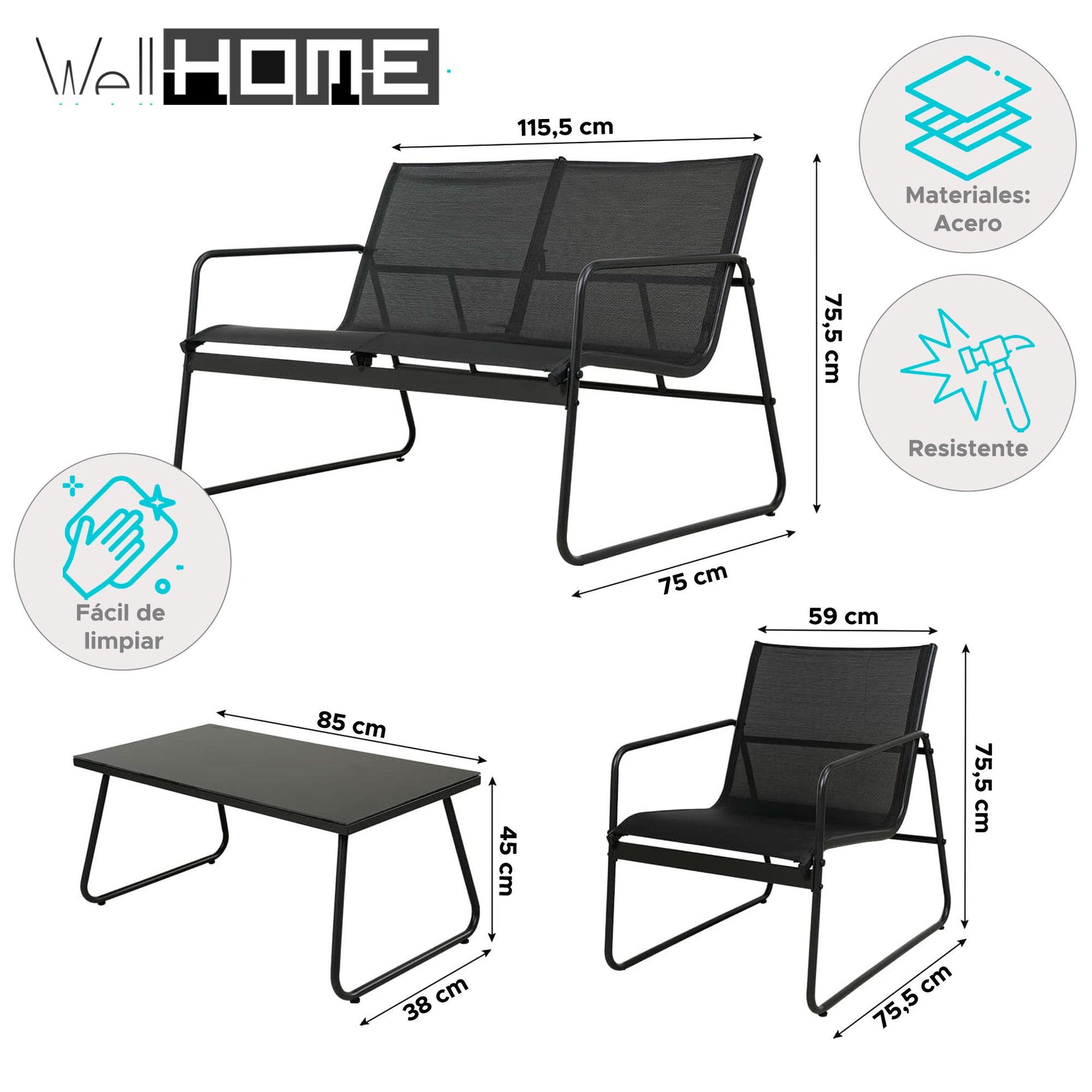 Well Home Juego De 4 Muebles (mesa + 2 Sillas + Banco) En Color Negro_1