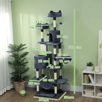 Pawhut Árbol Rascador Para Gatos Grande Altura 206 Cm Con Hamacas Gris Oscuro_2