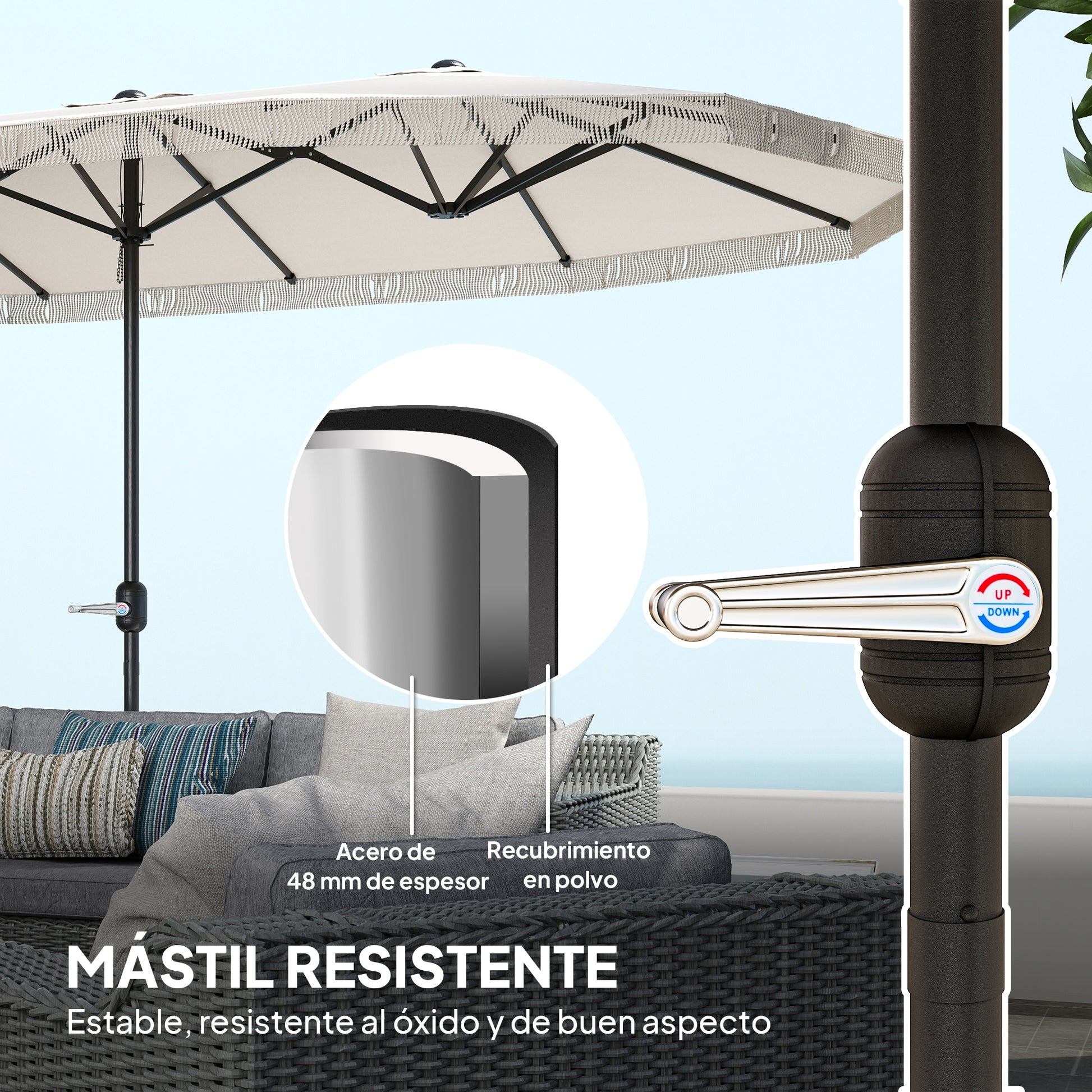 Outsunny Sombrilla Doble 4,5x2,7 M Con Manivela Manual Resistente Al Agua Crema_5