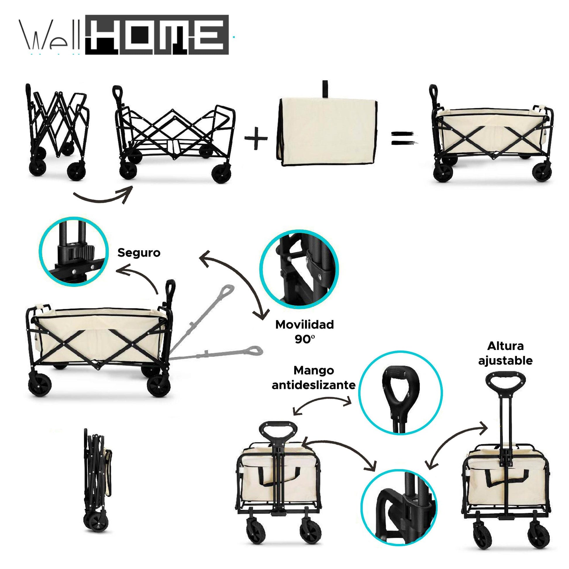 Well Home Carrito Para La Playa Plegable 73,5x51x92cm