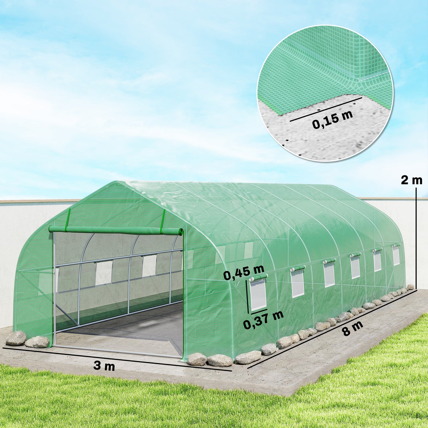 Outsunny Invernadero De Túnel 8x3x2 M Con 12 Ventanas Cubierta Pe Cultivo Verde_2
